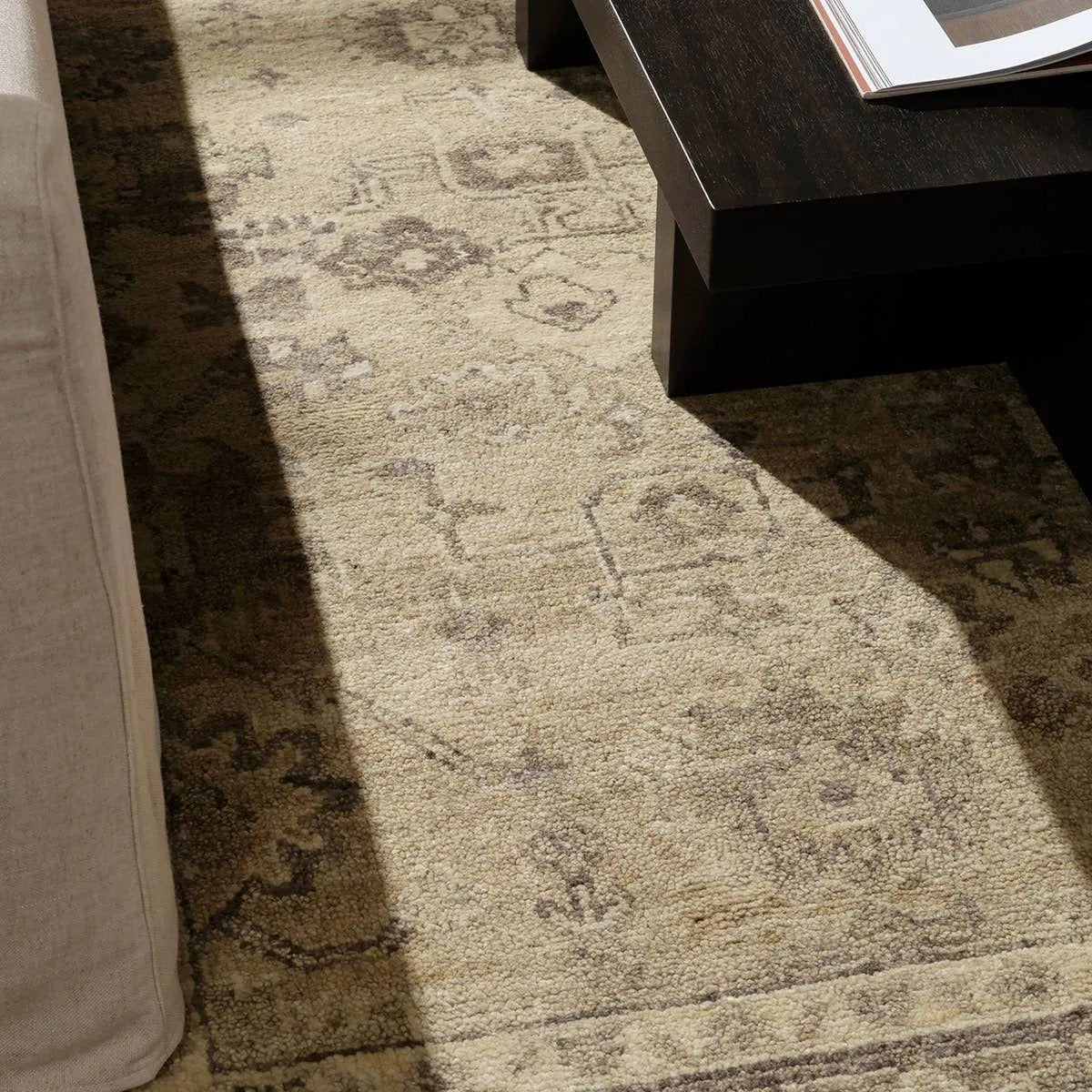 Featuring Rhan Hand-Knotted Rug by Jaipur Living at Amethyst Home. Where durability, style, and comfort come together, the Rhan rug's intricate design and sandy tones seamlessly settle into any space. This artisan-made rug is hand knotted, hand-carded, and handspun in India. It's soft to the touch and doesn't stain easily, so you can live more and worry. Amethyst Home provides interior design, new home construction design consulting, vintage area rugs, and lighting in the Newport Beach metro area.