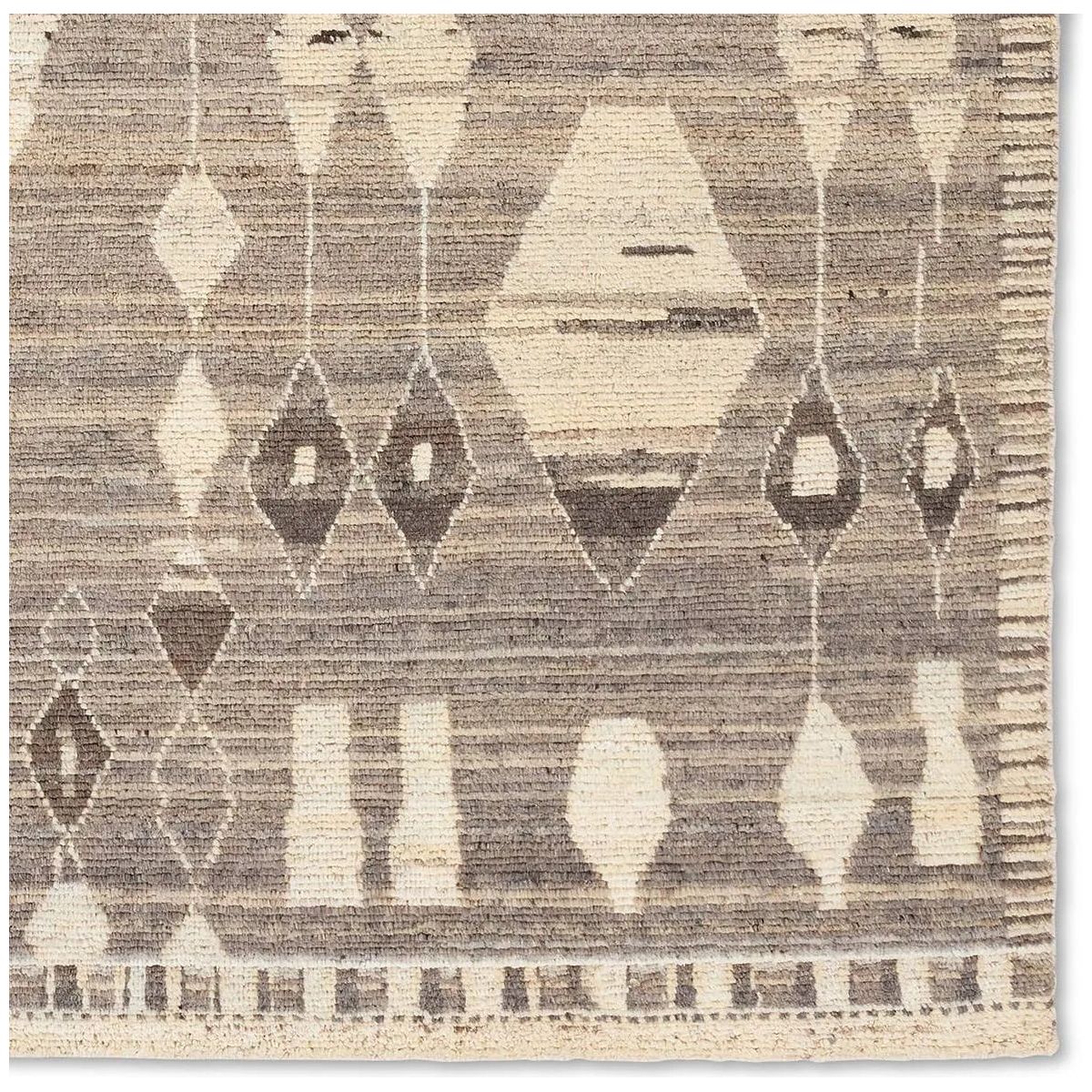 Featuring Zaira Tonnara Hand-Knotted Rug by Jaipur Living at Amethyst Home. Enrich living spaces with the exotic allure of the Zaira Collection - a fusion of modern Moroccan designs and unparalleled craftsmanship. Handknotted in India with 22 knots per square inch, these rugs exude luxury and artistry. The Tonnara rug showcases an intriguing diamond pattern. Amethyst Home provides interior design, new home construction design consulting, vintage area rugs, and lighting in the Park City metro area.