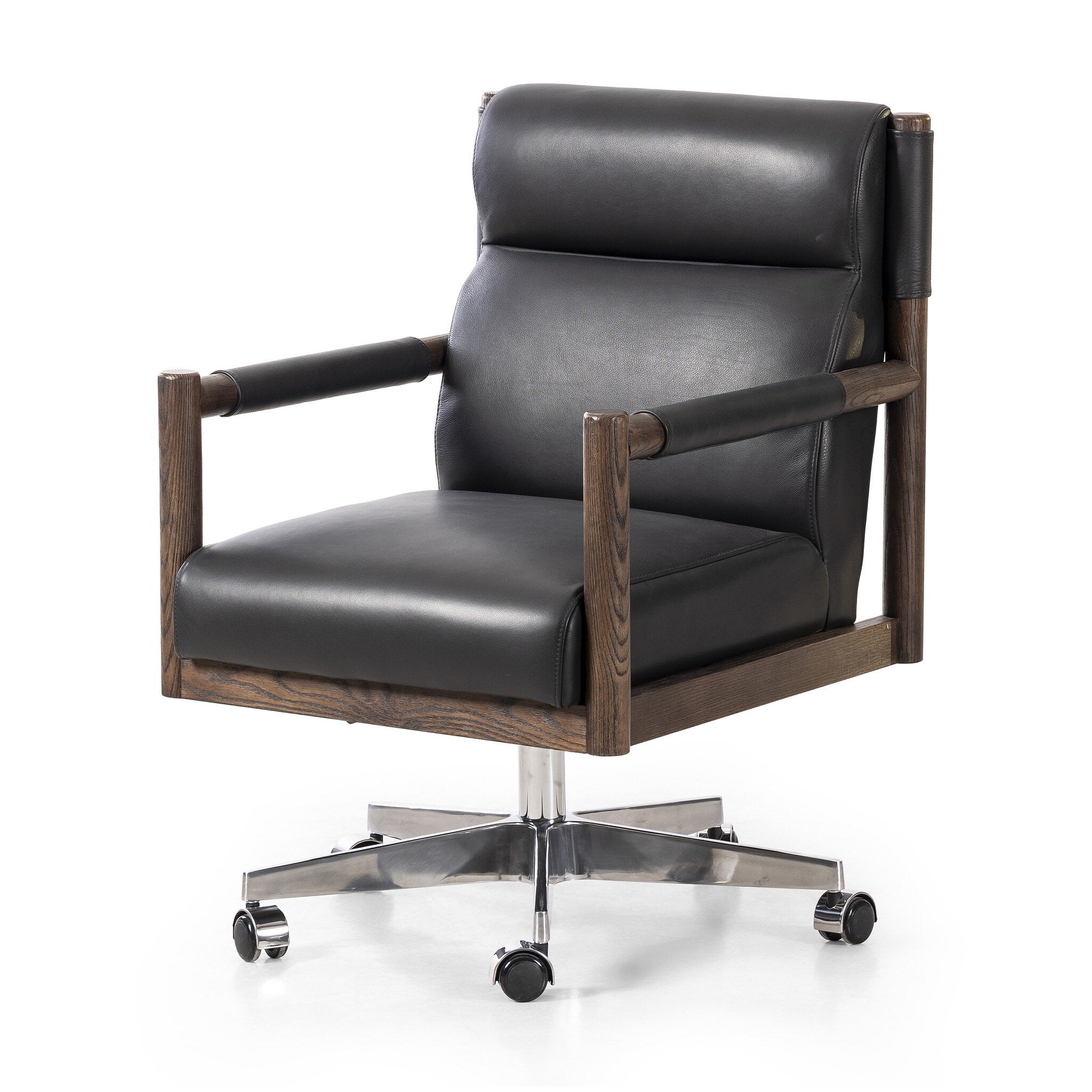 Featuring Levi Bosa Black Desk Chair by Four Hands at Amethyst Home. An Amethyst fave -- the Levi Black Leather Desk Chair is modern yet inviting.  Gorgeous black leather with a sleek side profile, this desk chair will elevate your office.
Overall Dimensions: 22.00"w x 27.00"d x 34.00"hWeight : 41.89 lbsMaterials : Top Grain Leather, Aluminum, Solid Ash. Amethyst Home provides interior design, new construction, custom furniture, and area rugs in the Houston metro area