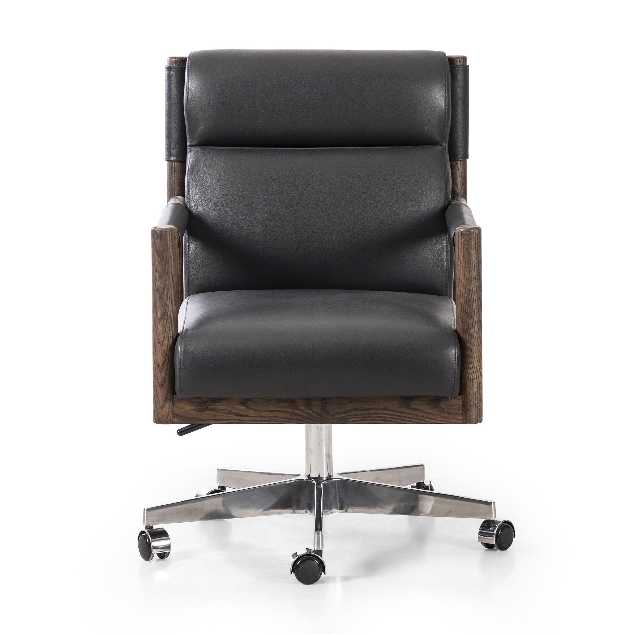 Featuring Levi Bosa Black Desk Chair by Four Hands at Amethyst Home. An Amethyst fave -- the Levi Black Leather Desk Chair is modern yet inviting.  Gorgeous black leather with a sleek side profile, this desk chair will elevate your office.
Overall Dimensions: 22.00"w x 27.00"d x 34.00"hWeight : 41.89 lbsMaterials : Top Grain Leather, Aluminum, Solid Ash. Amethyst Home provides interior design, new construction, custom furniture, and area rugs in the Laguna Beach metro area