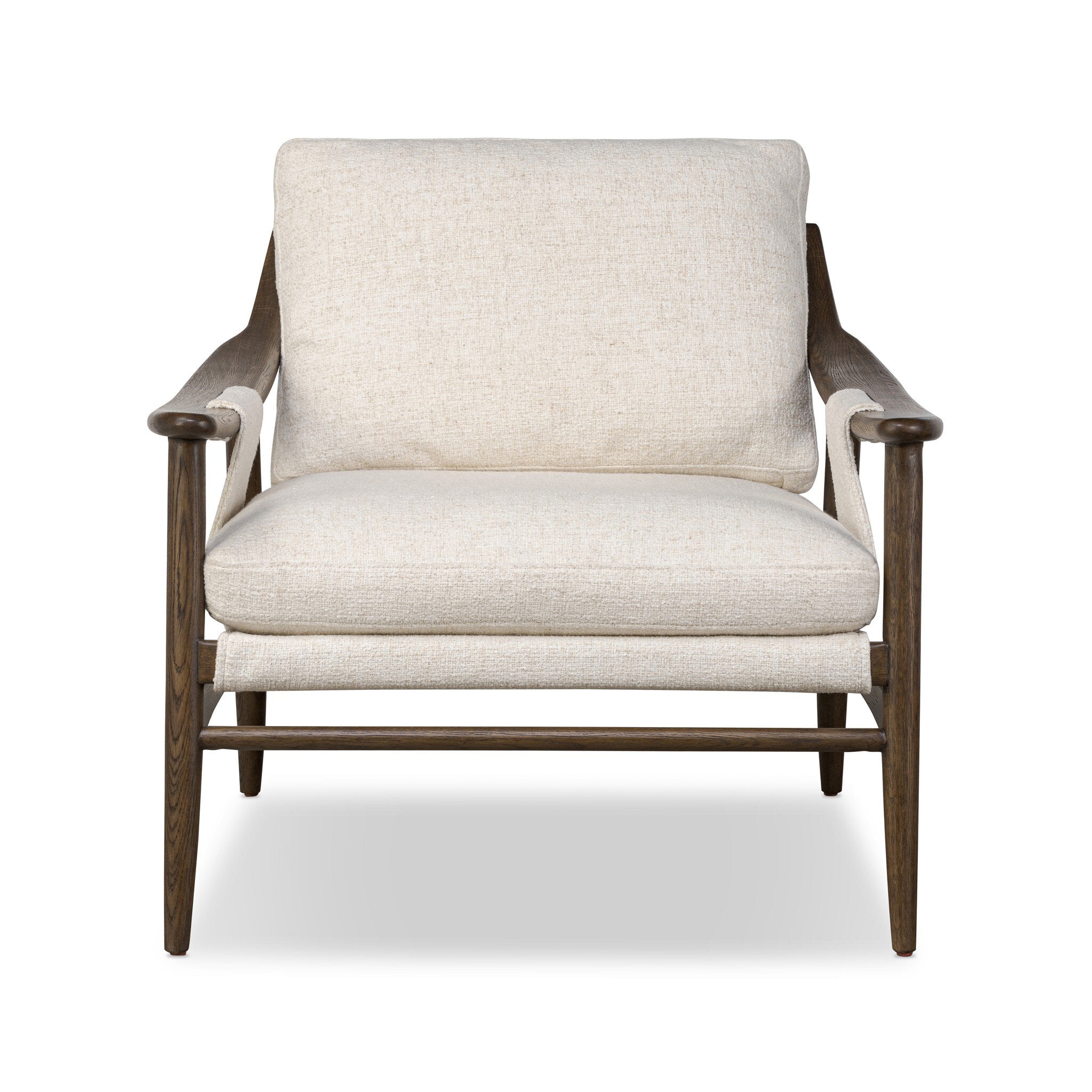 Featuring Kimmery Omari Natural Chair by Four Hands at Amethyst Home. Made with a thick-weave high-performance fabric, a sling-style chair features feather- and fiber-blend cushions for comfort, with clean boxing detailing. Between tapered oak legs, stretchers shape a slight arch, for an intriguing design detail. Performance fabrics are specially created to withstand spills, stains, h. Amethyst Home provides interior design, new construction, custom furniture, and area rugs in the Miami metro area