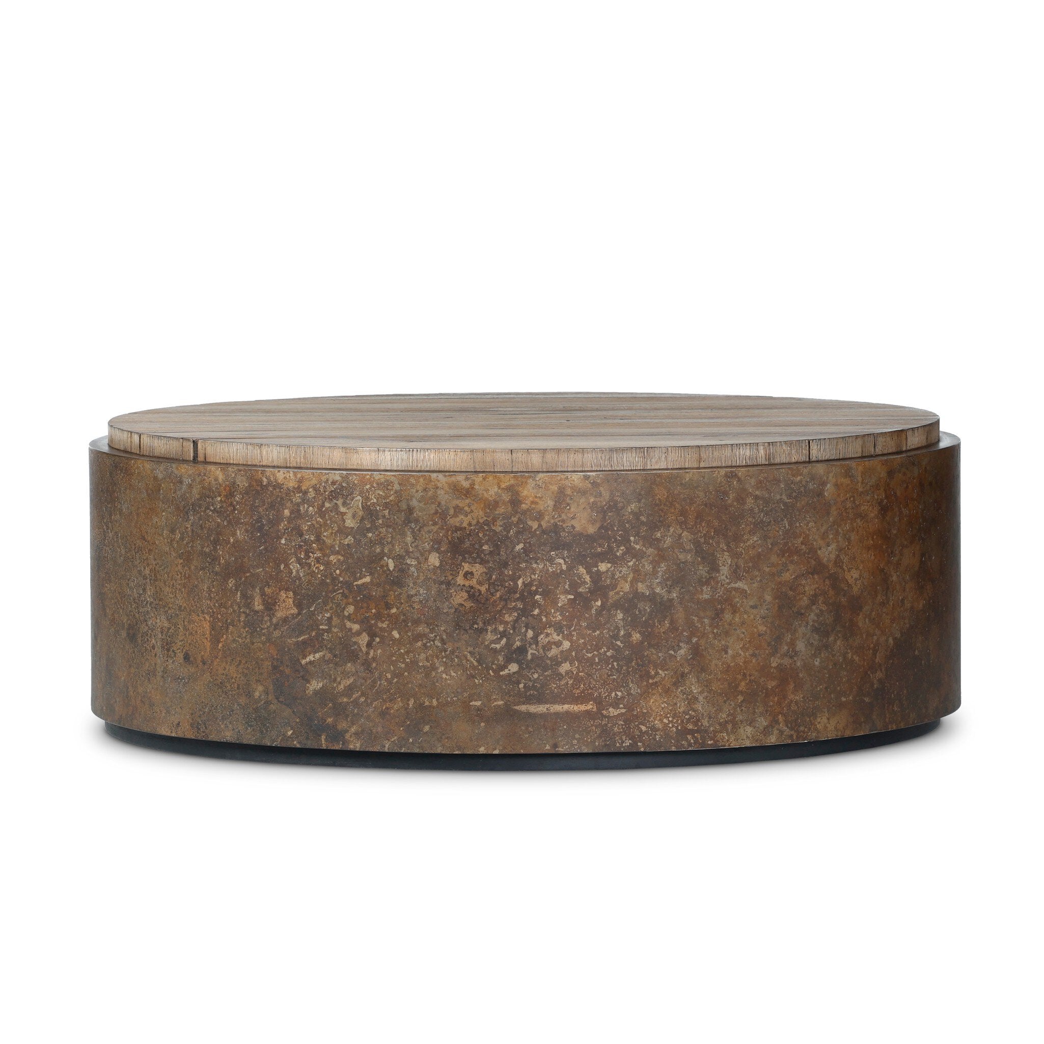 Featuring Kipp Burnt Bleached Oak Resawn Coffee Table by Four Hands at Amethyst Home. A drum-style table is wrapped in distressed aluminum with a rust finish, for a unique acid-wash effect. Topped with resawn oak which has been sun-bleached and torch-burned for both texture and character.Overall Dimensions: 47.50"w x 47.50"d x 16.00"hWeight : 136.69 lbsMaterials : Resawn Oak,. Amethyst Home provides interior design, new construction, custom furniture, and area rugs in the Salt Lake City metro area