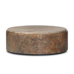 Featuring Kipp Burnt Bleached Oak Resawn Coffee Table by Four Hands at Amethyst Home. A drum-style table is wrapped in distressed aluminum with a rust finish, for a unique acid-wash effect. Topped with resawn oak which has been sun-bleached and torch-burned for both texture and character.Overall Dimensions: 47.50"w x 47.50"d x 16.00"hWeight : 136.69 lbsMaterials : Resawn Oak, Soli. Amethyst Home provides interior design, new construction, custom furniture, and area rugs in the San Diego metro area