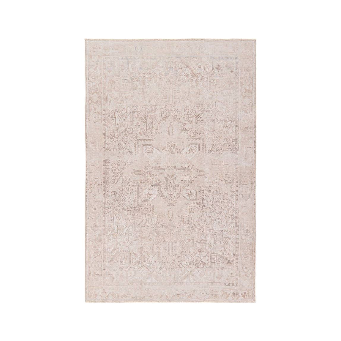 Featuring Lumal Tymabe Rug by Jaipur Living at Amethyst Home. Distressed, vintage designs offer an elevated tone for the Lumal Collection. The Tymabe rug features an updated traditional inspired medallion, geometric border, and intricate detailing in tones of tan, cream, and slate. This machine washable rug is stain resistant and easy to clean, perfect for h.  Amethyst Home provides interior design, new home construction design consulting, vintage area rugs, and lighting in the Seattle metro area.