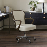 Featuring Lilo Durham Cream Desk Chair by Four Hands at Amethyst Home. Heritage inspiration meets modern comfort in a desk chair. Soft curves of grey-finished wood frame a seat of textural cream fabric. Height adjustable with a 360-degree swivel base and smooth-rolling casters ensures ease in the workplace.Overall Dimensions: 26.00"w x 28.00"d x 35.00"hWeight : 33.07 lbsMaterials : . Amethyst Home provides interior design, new construction, custom furniture, and area rugs in the Seattle metro area