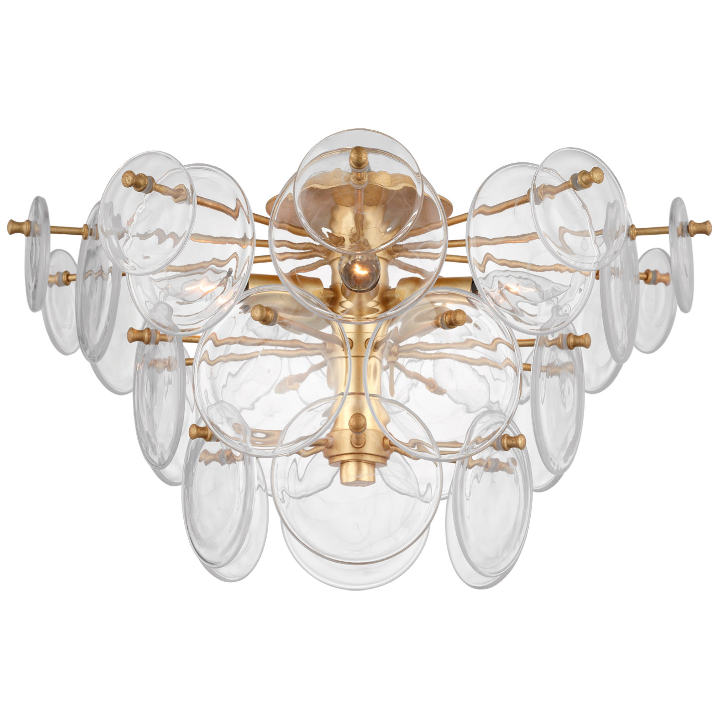 Featuring Loire Large Tiered Flush Mount Gild by Visual Comfort at Amethyst Home. The Loire by AERIN evokes mid-century Italian elegance while adding modern updates in design and finishes. The fluid and dynamic silhouettes cascade and inspire through the distinctive glow of light softly filtered through hand-blown white strié glass discs. Larger pieces can allow a sizeable dini. Amethyst Home provides interior design, new construction, custom furniture, and area rugs in the Kansas City metro area