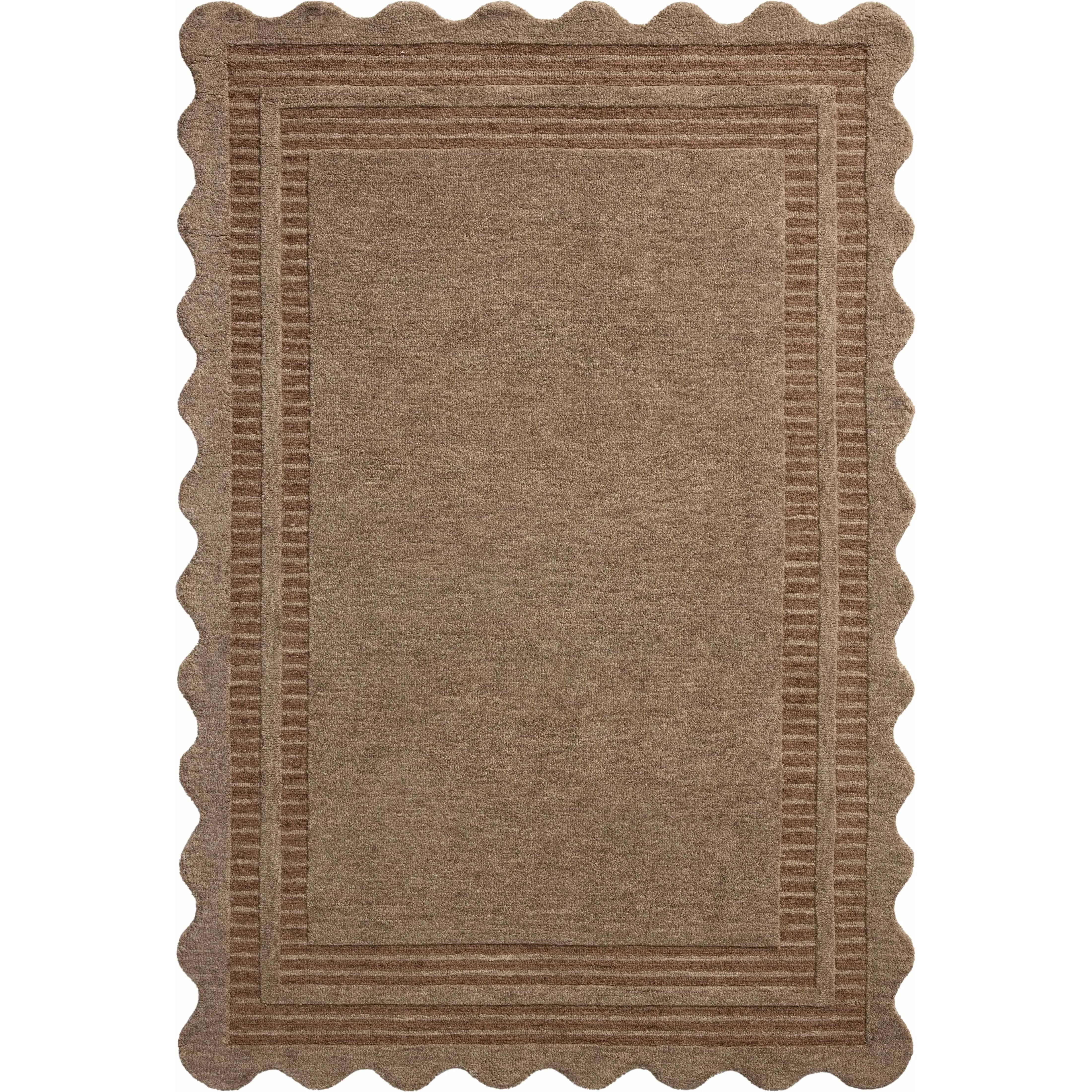 Featuring Chris Loves Julia × Loloi Scottie Mocha / Clay Rug by Loloi at Amethyst Home. The Scottie Collection from Chris Loves Julia x Loloi is a hand-tufted wool area rug with a playful scalloped edge and lower-pile, striped border for a touch of structure. The rugs overall pile is thick and plush, available in easygoing earth tones and neutral colorways. . Amethyst Home provides interior design, new home construction design consulting, vintage area rugs, and lighting in the Monterey metro area.