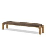 Featuring Marcia Nubuck Cigar Accent Bench by Four Hands at Amethyst Home. Designed by Thomas Bina and Ronald Sasson, a design partnership blending both modern minimalist and Brazilian influences. Crafted from natural reclaimed French oak with overstated joint details, with a top-grain leather cushion for comfort. Rounded edges bring a soft, playful feel to the entire piece.Over. Amethyst Home provides interior design, new construction, custom furniture, and area rugs in the Los Angeles metro area
