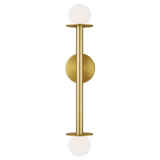 Featuring Nodes Double Sconce Burnished Brass by Visual Comfort at Amethyst Home. Nodes task, ceiling and wall lighting is minimal yet bold, highlighting Kelly's distinctive juxtaposition of mixed-materiality and curvilinear form. Light radiates from milk glass globes set against metal discs. All fixtures can be used or without the discs. The cast canopy is available in Burnished Bras. Amethyst Home provides interior design, new construction, custom furniture, and area rugs in the Miami metro area