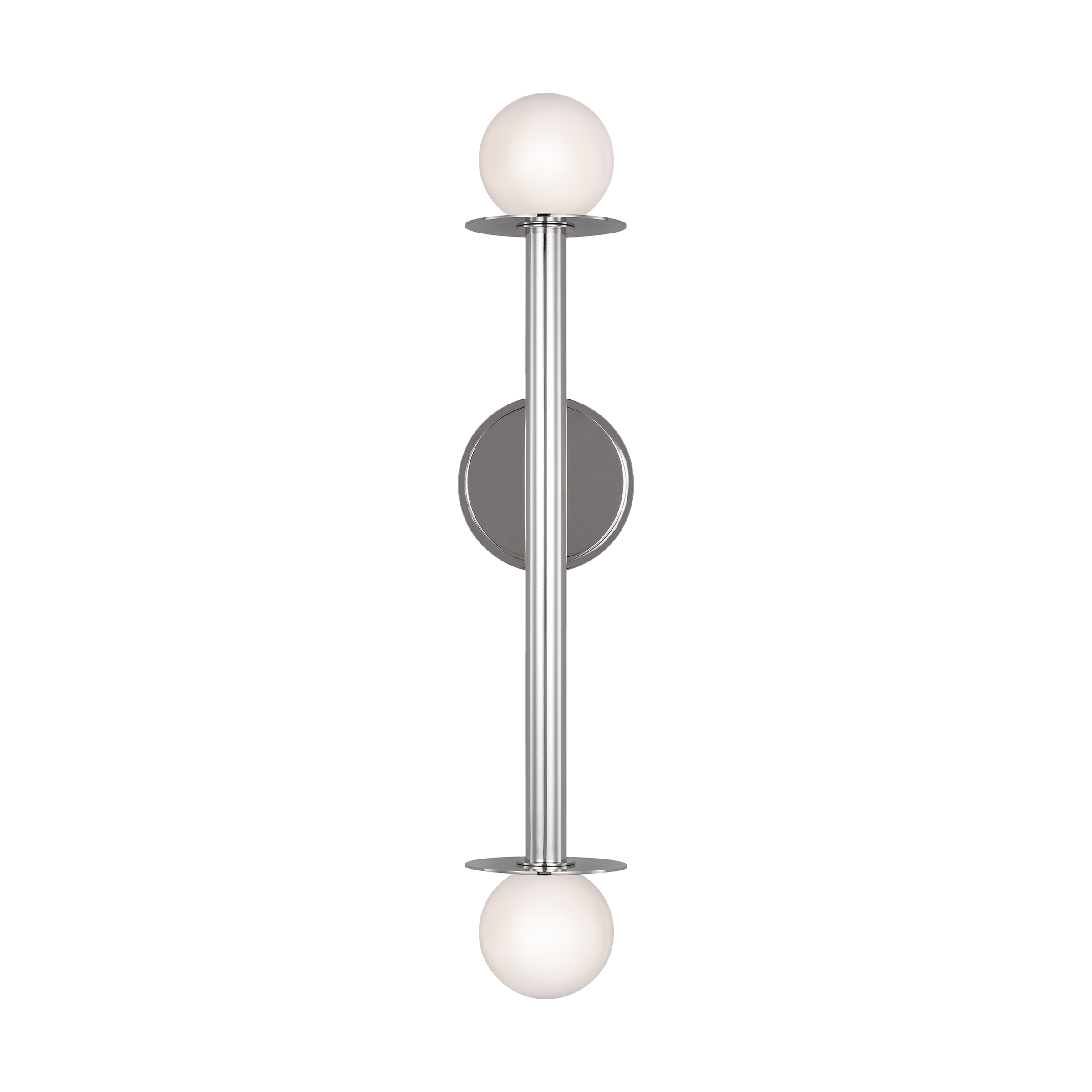 Featuring Nodes Double Sconce Polished Nickel by Visual Comfort at Amethyst Home. Nodes task, ceiling and wall lighting is minimal yet bold, highlighting Kelly's distinctive juxtaposition of mixed-materiality and curvilinear form. Light radiates from milk glass globes set against metal discs. All fixtures can be used or without the discs. The cast canopy is available in Burnished . Amethyst Home provides interior design, new construction, custom furniture, and area rugs in the Charlotte metro area