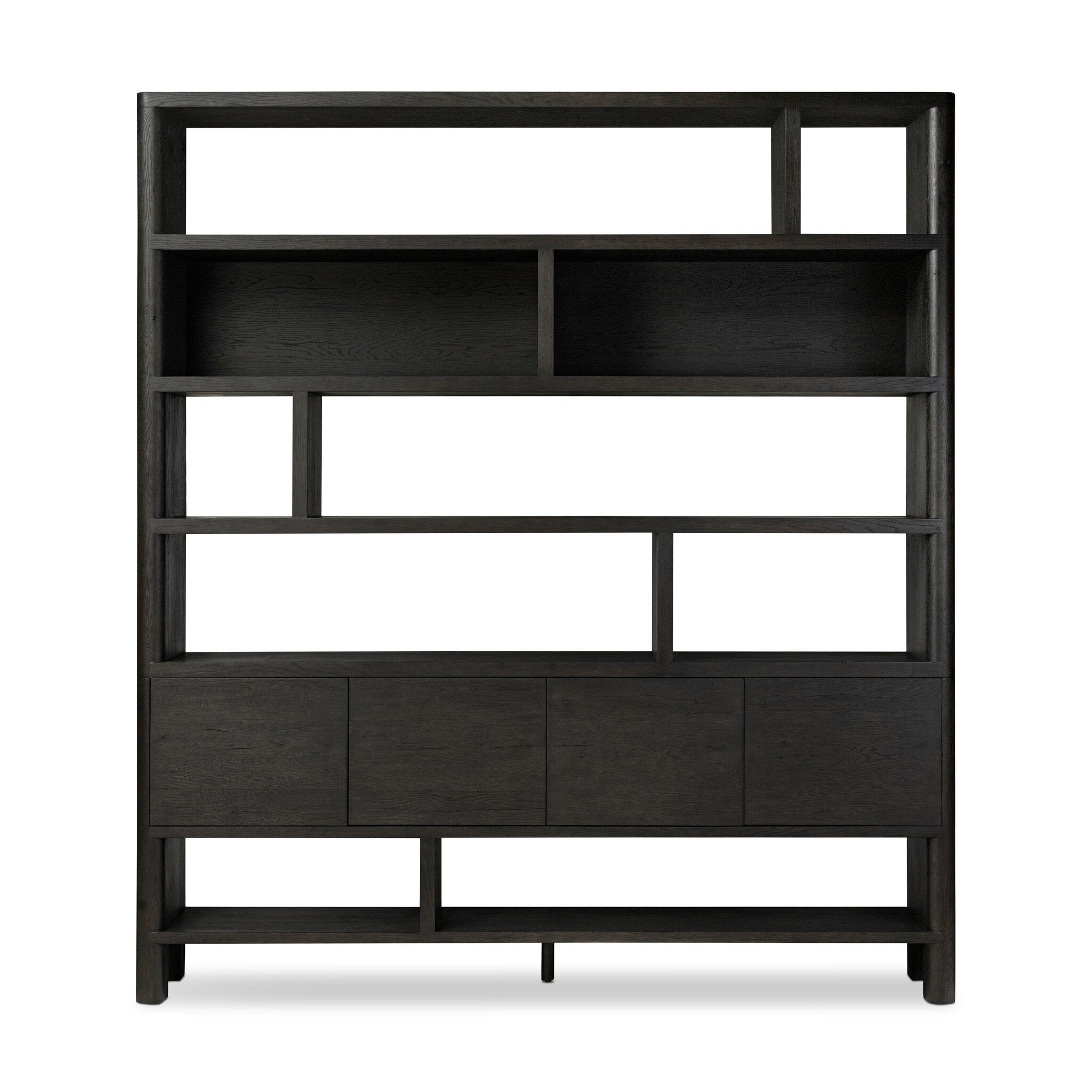 Featuring Noeline Smoked Black Oak Wide Bookcase by Four Hands at Amethyst Home. Made from solid oak and oak veneer and finished in a smoked black, a wide bookcase offers open and concealed shelving, for both storage and display. Push-latch doors make for a clean, seamless look, while subtly rounded corners soften up the whole look.Overall Dimensions: 84.00"w x 18.00"d x 94.00"hWeigh. Amethyst Home provides interior design, new construction, custom furniture, and area rugs in the Austin metro area