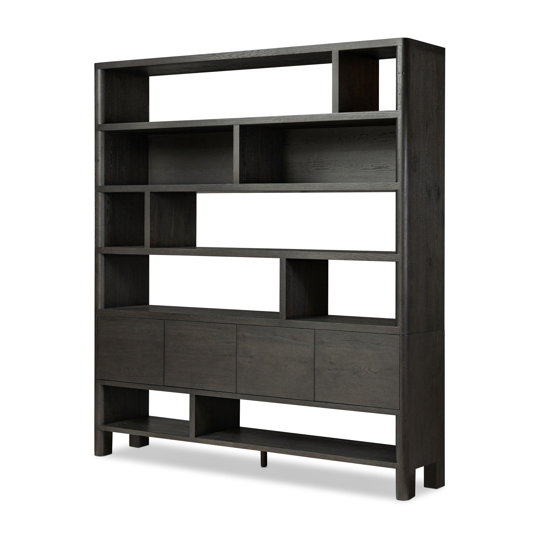 Featuring Noeline Smoked Black Oak Wide Bookcase by Four Hands at Amethyst Home. Made from solid oak and oak veneer and finished in a smoked black, a wide bookcase offers open and concealed shelving, for both storage and display. Push-latch doors make for a clean, seamless look, while subtly rounded corners soften up the whole look.Overall Dimensions: 84.00"w x 18.00"d x 94.00"hWeigh. Amethyst Home provides interior design, new construction, custom furniture, and area rugs in the Austin metro area
