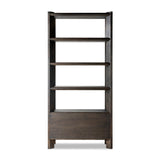 Featuring Orwin Smoked Black Oak Bookshelf by Four Hands at Amethyst Home. A stunner from every angle. Crafted from a mix of solid oak and thick oak veneer, this generous bookcase features chamfered edges along the shelves and angled outer legs for lots of movement. Finished in a smoked black oak finish.Overall Dimensions: 44.00"w x 18.00"d x 94.00"hWeight : 253.53 lbsMaterials : . Amethyst Home provides interior design, new construction, custom furniture, and area rugs in the Nashville metro area