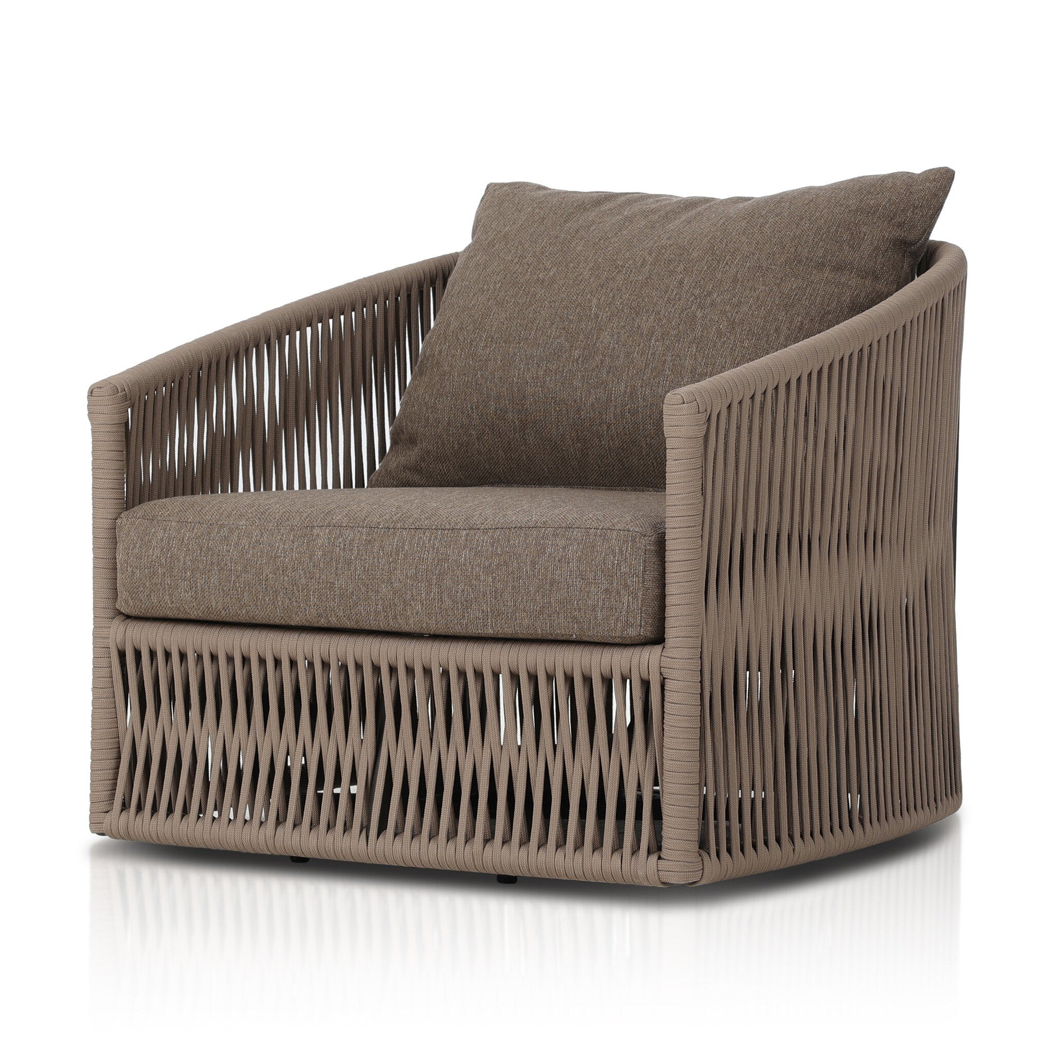 Featuring Porto Ellor Brown Outdoor Swivel Chair by Four Hands at Amethyst Home. A beautiful rope-based design is woven across a durable, 360-swivel aluminum frame in a rich bronze finish. Topped with a wide cushion and throw pillow, all upholstered in 100% olefin, known for its UV-resistant, water-repellent and quick-drying abilities. Cover or store indoors during inclement weat. Amethyst Home provides interior design, new construction, custom furniture, and area rugs in the Alpharetta metro area