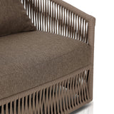 Featuring Porto Ellor Brown Outdoor Swivel Chair by Four Hands at Amethyst Home. A beautiful rope-based design is woven across a durable, 360-swivel aluminum frame in a rich bronze finish. Topped with a wide cushion and throw pillow, all upholstered in 100% olefin, known for its UV-resistant, water-repellent and quick-drying abilities. Cover or store indoors during inclement wea. Amethyst Home provides interior design, new construction, custom furniture, and area rugs in the Kansas City metro area