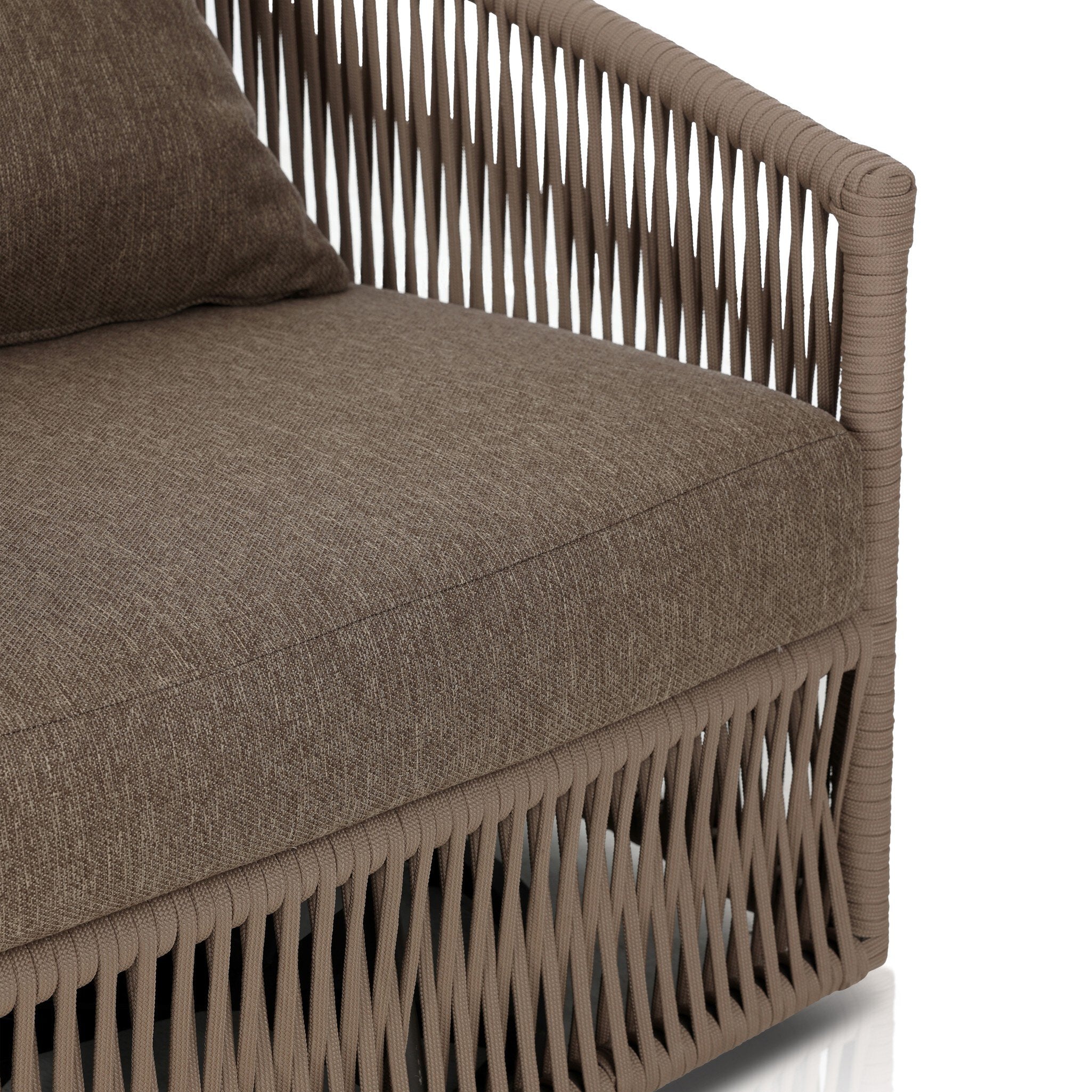 Featuring Porto Ellor Brown Outdoor Swivel Chair by Four Hands at Amethyst Home. A beautiful rope-based design is woven across a durable, 360-swivel aluminum frame in a rich bronze finish. Topped with a wide cushion and throw pillow, all upholstered in 100% olefin, known for its UV-resistant, water-repellent and quick-drying abilities. Cover or store indoors during inclement wea. Amethyst Home provides interior design, new construction, custom furniture, and area rugs in the Kansas City metro area