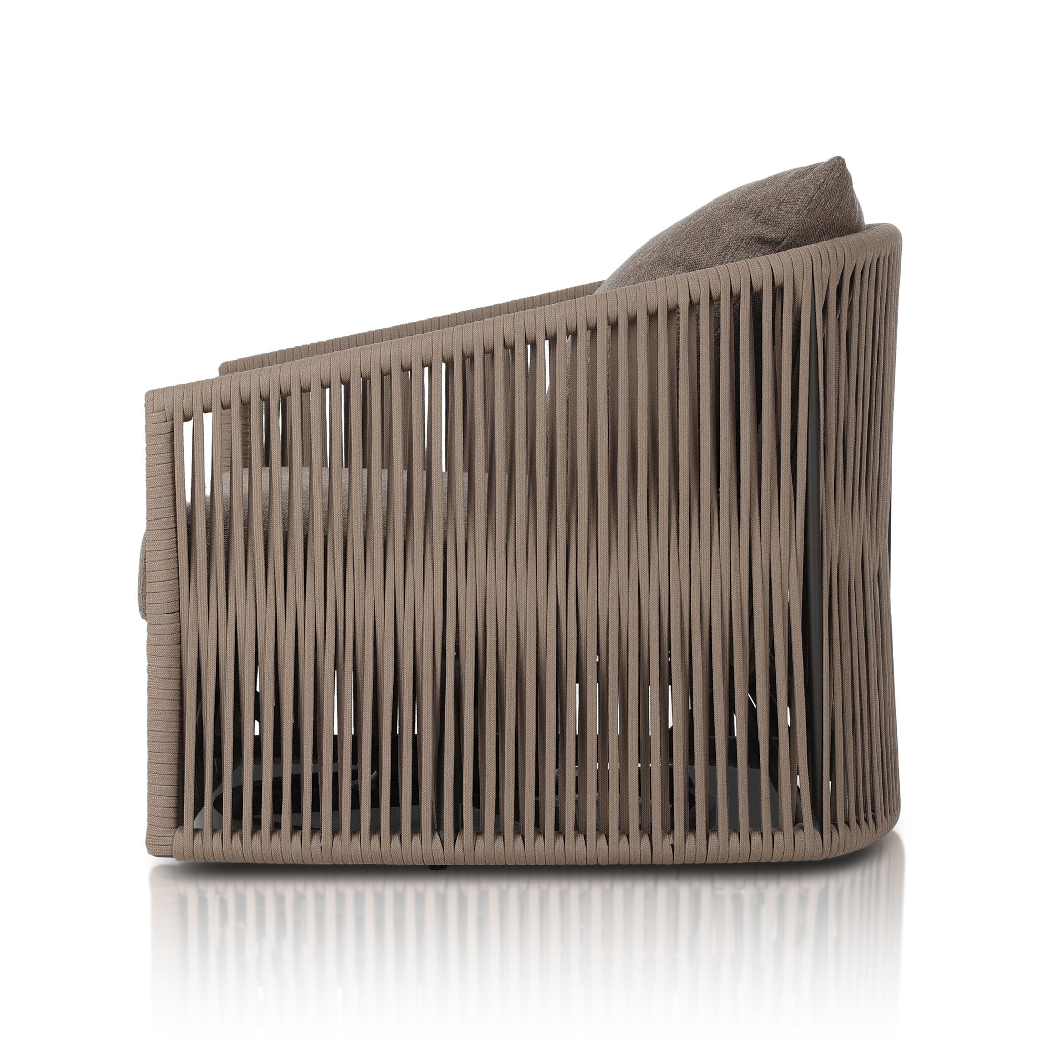 Featuring Porto Ellor Brown Outdoor Swivel Chair by Four Hands at Amethyst Home. A beautiful rope-based design is woven across a durable, 360-swivel aluminum frame in a rich bronze finish. Topped with a wide cushion and throw pillow, all upholstered in 100% olefin, known for its UV-resistant, water-repellent and quick-drying abilities. Cover or store indoors during inclement wea. Amethyst Home provides interior design, new construction, custom furniture, and area rugs in the Los Angeles metro area