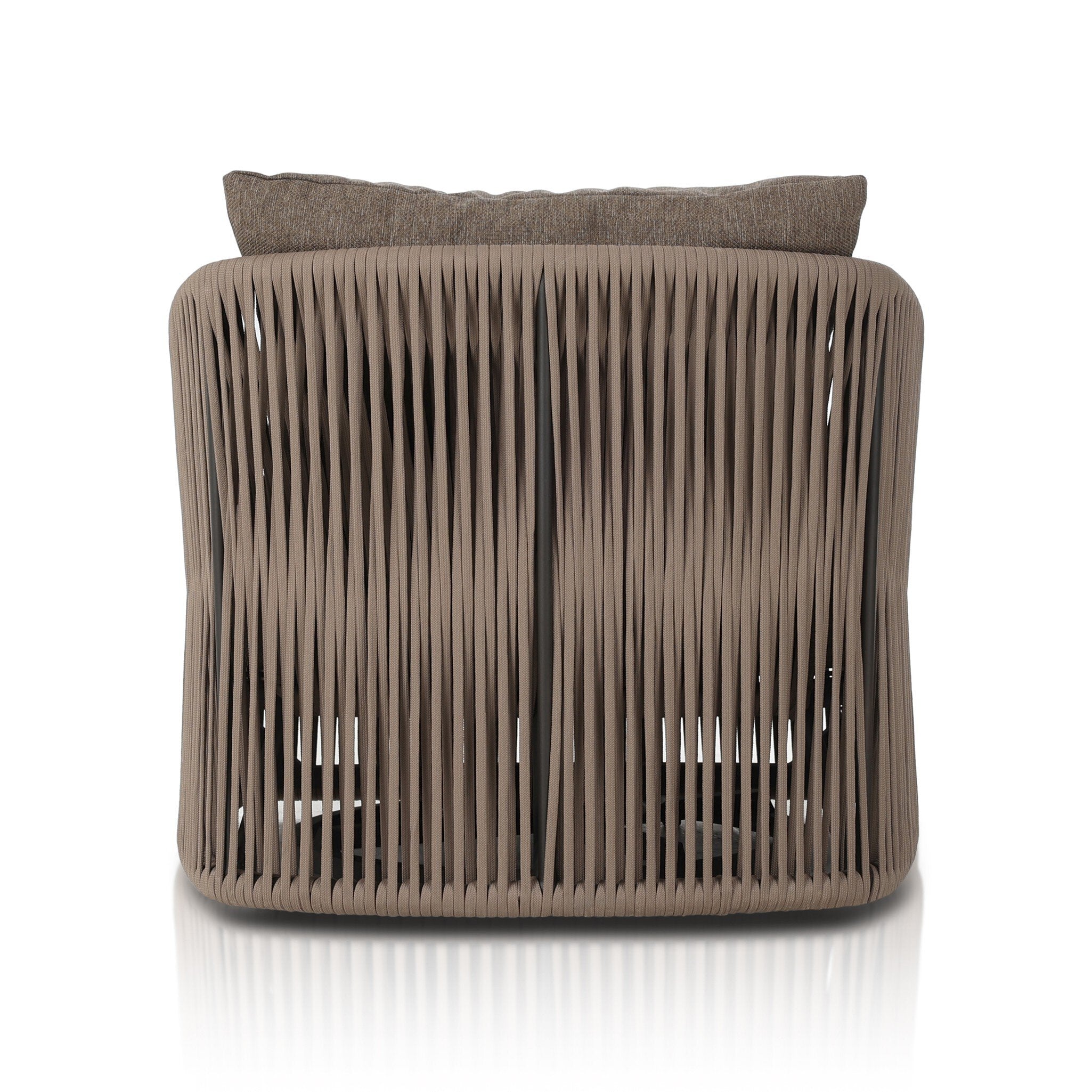 Featuring Porto Ellor Brown Outdoor Swivel Chair by Four Hands at Amethyst Home. A beautiful rope-based design is woven across a durable, 360-swivel aluminum frame in a rich bronze finish. Topped with a wide cushion and throw pillow, all upholstered in 100% olefin, known for its UV-resistant, water-repellent and quick-drying abilities. Cover or store indoors during inclement weather a. Amethyst Home provides interior design, new construction, custom furniture, and area rugs in the Miami metro area