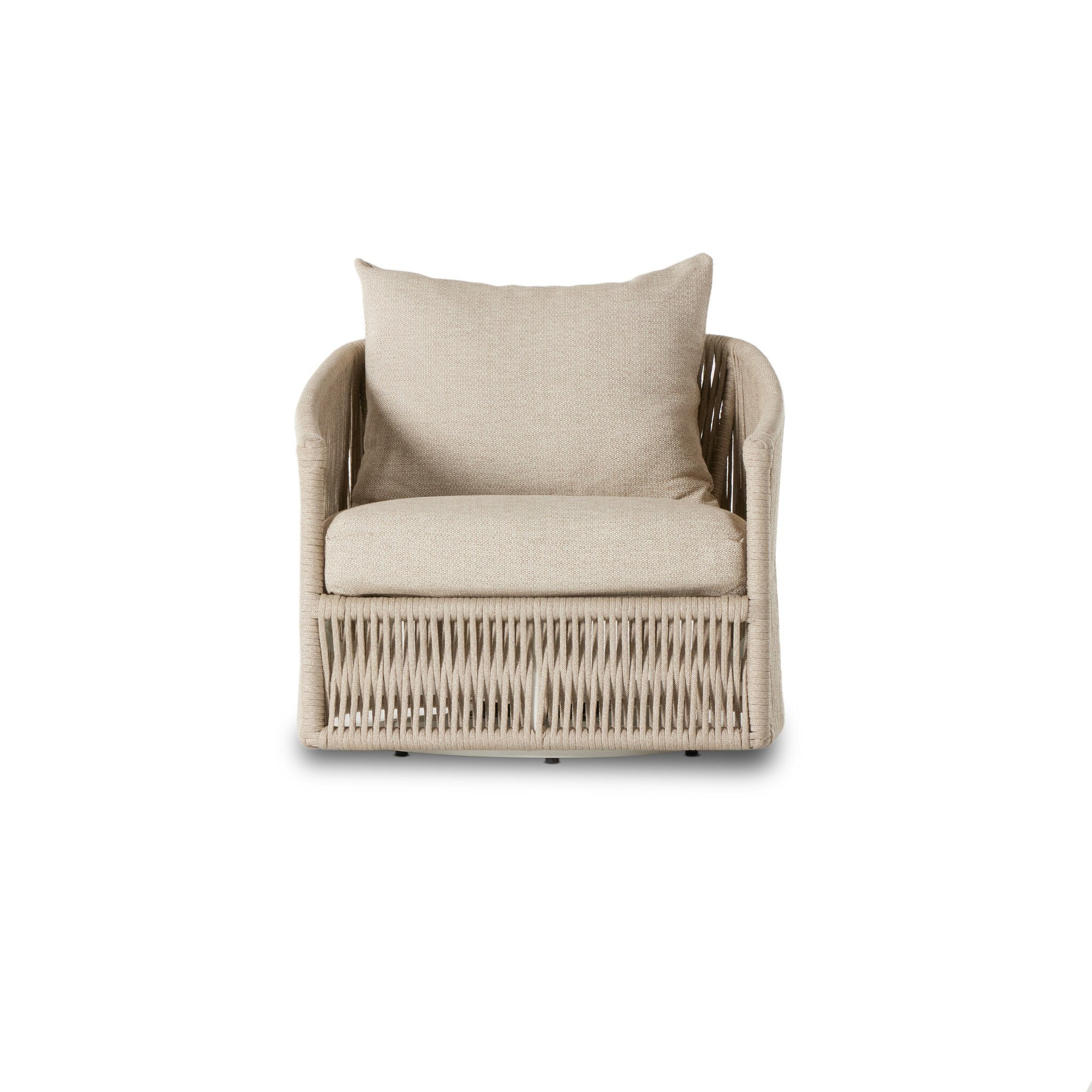 Featuring Porto Faye Sand Outdoor Swivel Chair by Four Hands at Amethyst Home. A beautiful rope-based design is woven across a durable, 360-swivel aluminum frame in a rich bronze finish. Topped with a wide cushion and throw pillow, all upholstered in 100% olefin, known for its UV-resistant, water-repellent and quick-drying abilities. Cover or store indoors during inclement we. Amethyst Home provides interior design, new construction, custom furniture, and area rugs in the Salt Lake City metro area