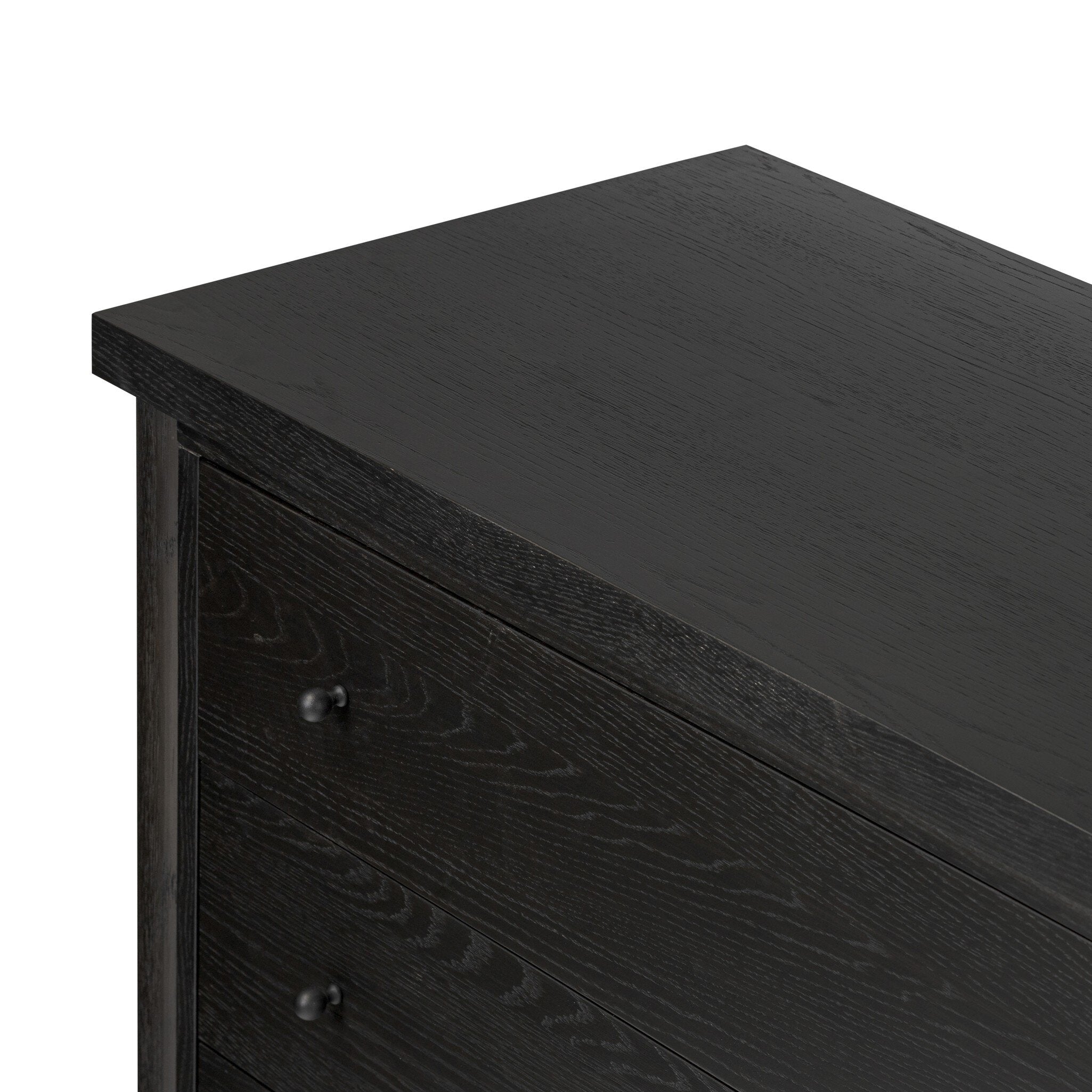 Featuring Roark Ebony Oak Veneer 6 Drawer Dresser by Four Hands at Amethyst Home. Rounded, chunky dowel legs in an ebony oak finish support the overhang top of this dresser. Six drawers provide ample storage, finished with simple gunmetal hardware.Overall Dimensions: 75.00"w x 20.00"d x 31.50"hWeight : 260.14 lbsMaterials : Oak Veneer, Solid Oak. Amethyst Home provides interior design, new construction, custom furniture, and area rugs in the Houston metro area