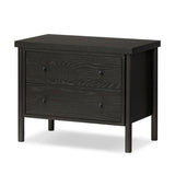 Featuring Roark Ebony Oak Veneer Nightstand by Four Hands at Amethyst Home. Rounded, chunky dowel legs in a black oak finish support the overhang top of this nightstand. Two drawers provide ample storage, finished with simple gunmetal hardware.Overall Dimensions: 30.00"w x 17.00"d x 24.00"hWeight : 76.06 lbsMaterials : Oak Veneer, Solid Oak. Amethyst Home provides interior design, new construction, custom furniture, and area rugs in the Kansas City metro area