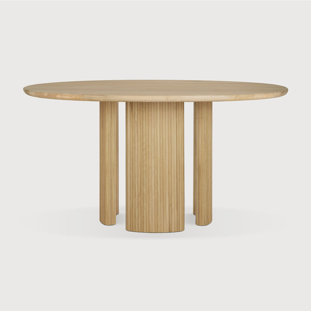 Featuring Roller Oak Round Max Dining Table by Ethnicraft at Amethyst Home. The Roller Max collection is remarkable in its design, distinguished with its stacked wood-stick effect. The dining table perfectly melds form with function. Featuring the option of reversable legs that can change the aesthetic to reflect personal style.Weight : 163 lbs Dimensions: 59.5" W x 59.5" L x . Amethyst Home provides interior design, new construction, custom furniture, and area rugs in the Winter Garden metro area