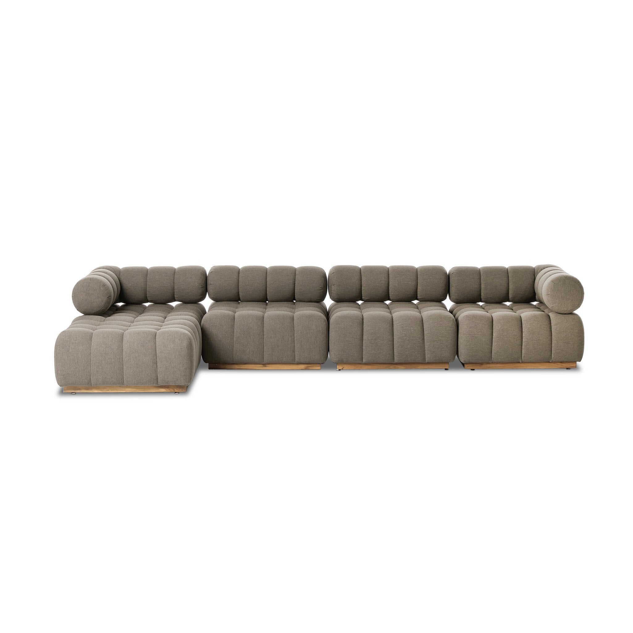 Featuring Roma Alessi Fawn Outdoor 4-Piece Sectional by Four Hands at Amethyst Home. A modern take on mid-century Italian design, soft volume and exaggerated proportions fuse for a sculpted look and playful feel. Atop a plinth-style teak base, outdoor-friendly four-piece sectional features dramatic tufting for a padded sit, indoors and out. Sustainably made with zero waste, luxurious . Amethyst Home provides interior design, new construction, custom furniture, and area rugs in the Tampa metro area
