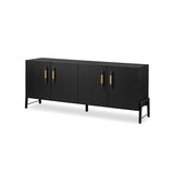 Featuring Rosedale Ebony Oak Sideboard by Four Hands at Amethyst Home. Accented with iron hardware wrapped in top-grain leather, black-finished oak veneer forms a clean silhouette with plenty of storage. Outset legs add an element of interest. Rear cutouts for cord management.Overall Dimensions: 73.25"w x 18.00"d x 30.00"hWeight : 154.32 lbsMaterials : Solid Oak, Top Grain Leath. Amethyst Home provides interior design, new construction, custom furniture, and area rugs in the Los Angeles metro area