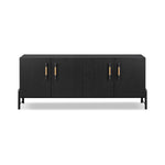 Featuring Rosedale Ebony Oak Sideboard by Four Hands at Amethyst Home. Accented with iron hardware wrapped in top-grain leather, black-finished oak veneer forms a clean silhouette with plenty of storage. Outset legs add an element of interest. Rear cutouts for cord management.Overall Dimensions: 73.25"w x 18.00"d x 30.00"hWeight : 154.32 lbsMaterials : Solid Oak, Top Grain Leather. Amethyst Home provides interior design, new construction, custom furniture, and area rugs in the San Diego metro area