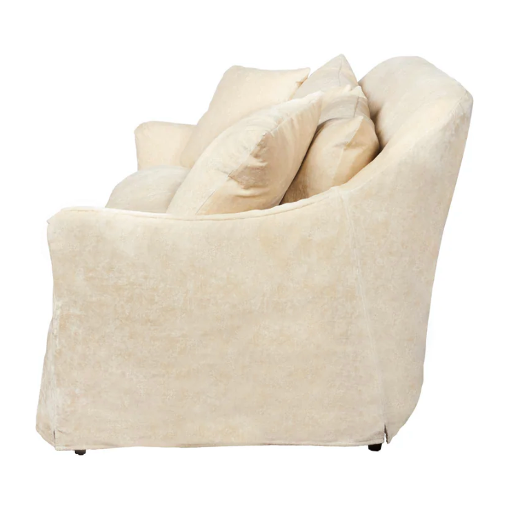Featuring Hazel Crushed Cotton Velvet Slipcovered Sofa by Cisco Brothers at Amethyst Home. The Hazel Sofa effortlessly combines style and serenity in this unusual distressed, ivory velvet slipcover. This sofa is guaranteed to make your living room look comfortable and cozy. Ideal spot to catch a breath during your weekday rush, or to enjoy a movie marathon. Amethyst Home provides interior design, new home construction design consulting, vintage area rugs, and lighting in the Des Moines metro area.