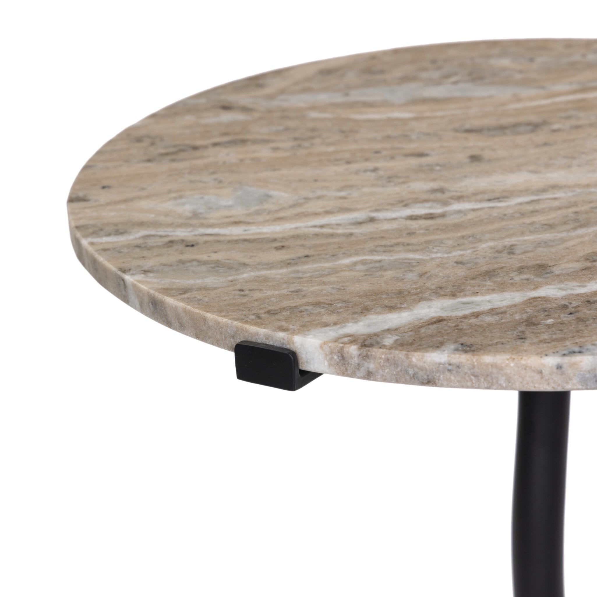 Featuring Sophie Creamy Taupe Marble End Table by Four Hands at Amethyst Home. A dark brass base contrasts a smooth taupe marble top with heavy veining for added movement.Overall Dimensions: 18.25"w x 18.00"d x 24.25"hWeight : 26.05 lbsMaterials :Solid Marble, Iron. Amethyst Home provides interior design, new construction, custom furniture, and area rugs in the Charlotte metro area
