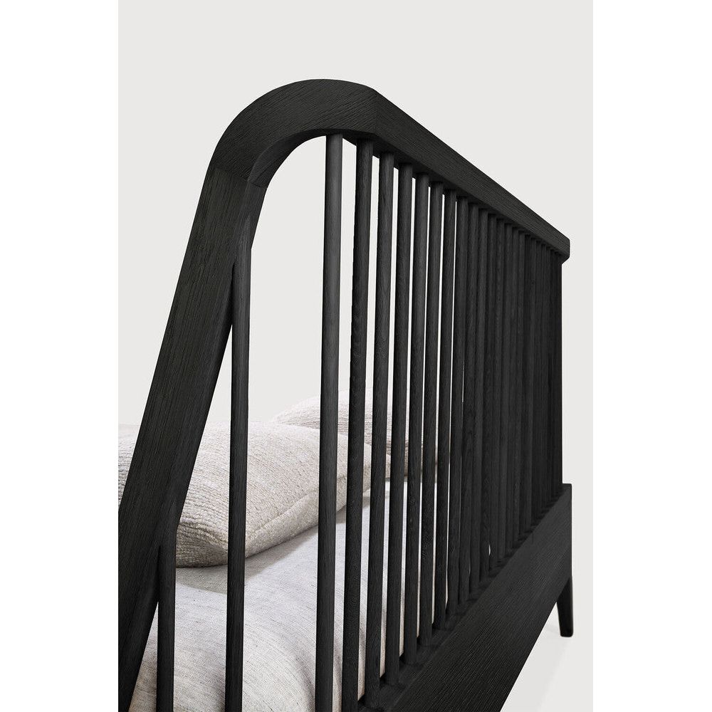 Featuring Spindle Oak Black Bed by Ethnicraft at Amethyst Home. The Spindle collection found its inspiration in the traditional spinning wheel and incorporates perfectly aligned spokes into the headboard. Slightly tapered legs and rounded edges add a soft, sensual quality to this beautiful bedroom collection.Overall Dimensions: 84" W x 80" L x 38.5" H Weight : 170 lbs84" W x 64.5" L . Amethyst Home provides interior design, new construction, custom furniture, and area rugs in the Boston metro area