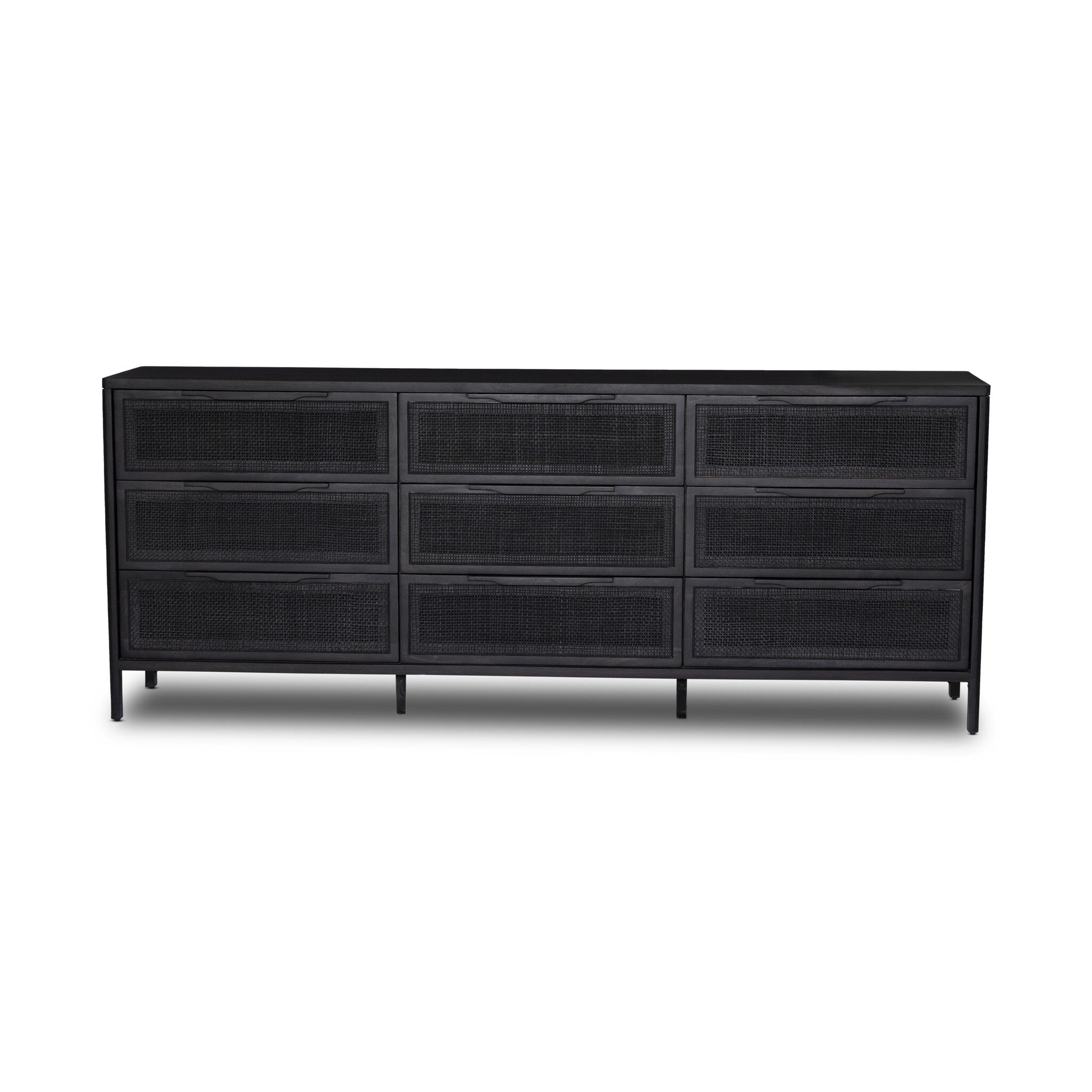Featuring Sydney Black Cane 9 Drawer Dresser by Four Hands at Amethyst Home. Black-finished mango encases nine spacious drawers of woven black cane, for a textural, monochromatic look.Overall Dimensions: 86.00"w x 18.00"d x 34.00"hWeight : 235.67 lbsMaterials : Cane, Solid Mango. Amethyst Home provides interior design, new construction, custom furniture, and area rugs in the Los Angeles metro area