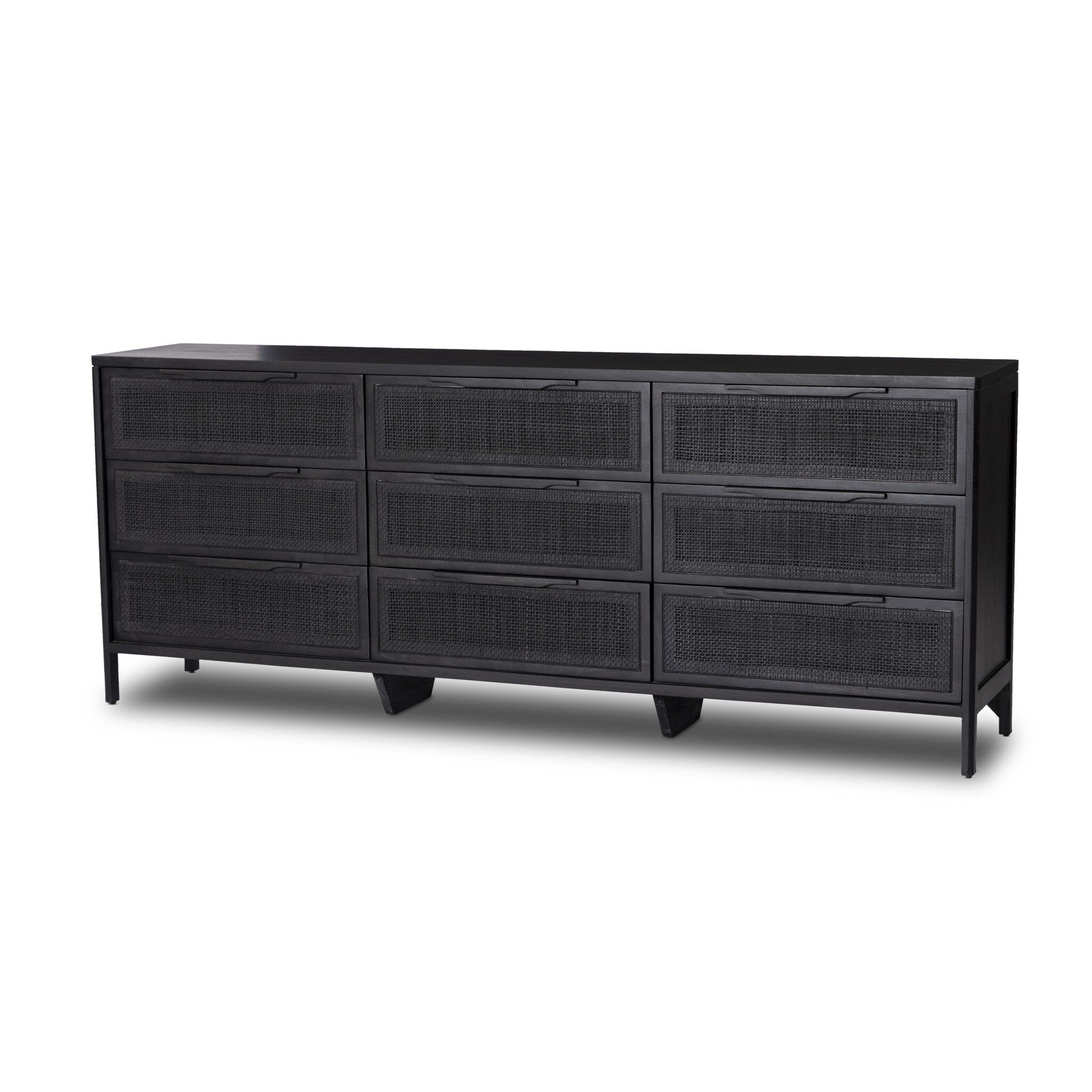 Featuring Sydney Black Cane 9 Drawer Dresser by Four Hands at Amethyst Home. Black-finished mango encases nine spacious drawers of woven black cane, for a textural, monochromatic look.Overall Dimensions: 86.00"w x 18.00"d x 34.00"hWeight : 235.67 lbsMaterials : Cane, Solid Mango. Amethyst Home provides interior design, new construction, custom furniture, and area rugs in the Monterey metro area
