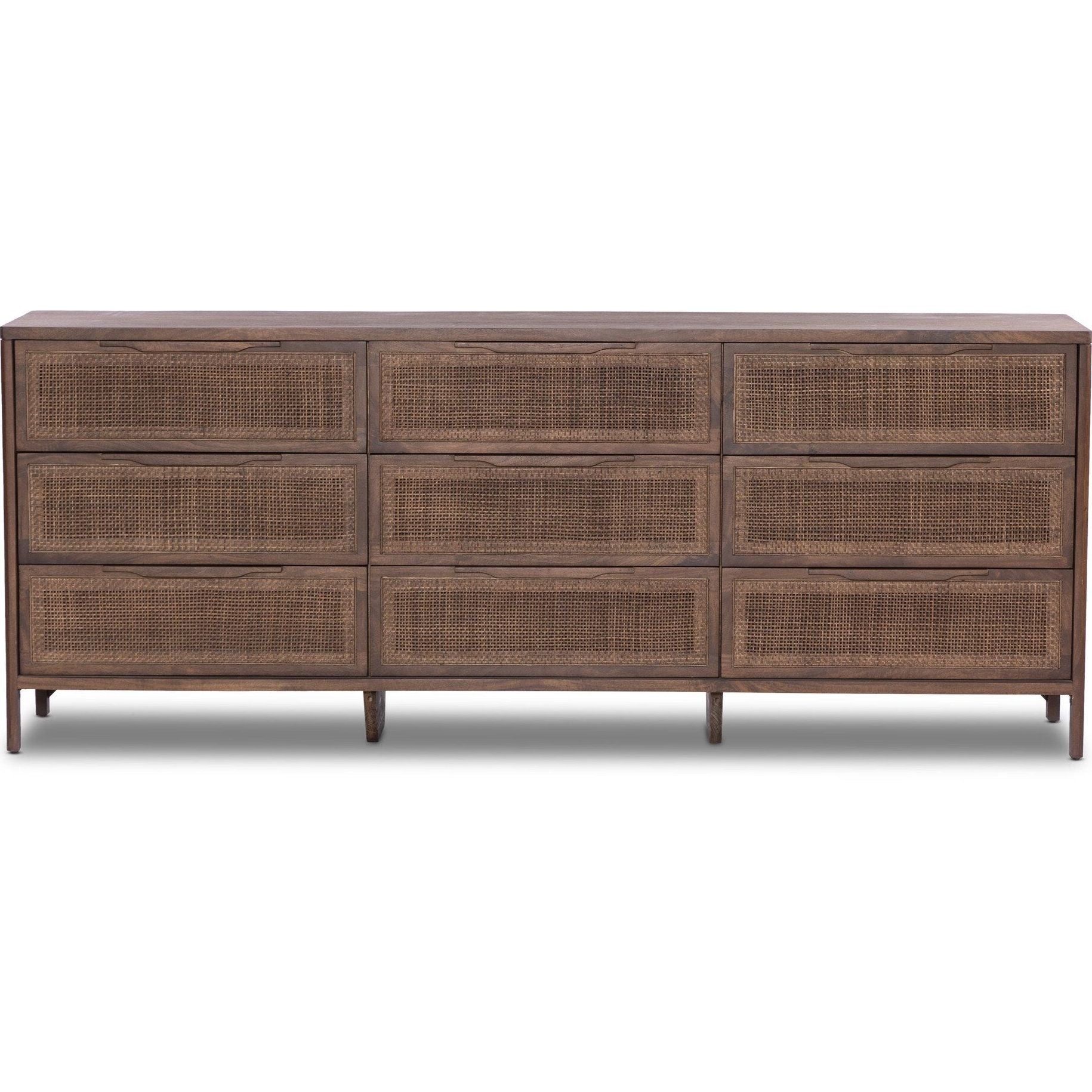 Featuring Sydney Brown Cane 9 Drawer Dresser by Four Hands at Amethyst Home. Integrate organization and style into your bedroom with the Sydney Brown Cane 9 Drawer Dresser. Boasting nine spacious drawers, this dresser offers ample storage for all your clothing and accessories. Its elegant design, featuring a beautiful cane texture, will elevate the look of any room.
Overall Dimens. Amethyst Home provides interior design, new construction, custom furniture, and area rugs in the Nashville metro area