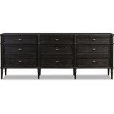 Made from distressed black-finished oak with slim legs, nine drawers bring antique European vibes to modern bedroom styling. This item has been modified to comply with the STURDY Act. See a full list of modified products and data changes in the “STURDY Act” file in the Downloads section below Amethyst Home provides interior design, new home construction design consulting, vintage area rugs, and lighting in the San Diego metro area.