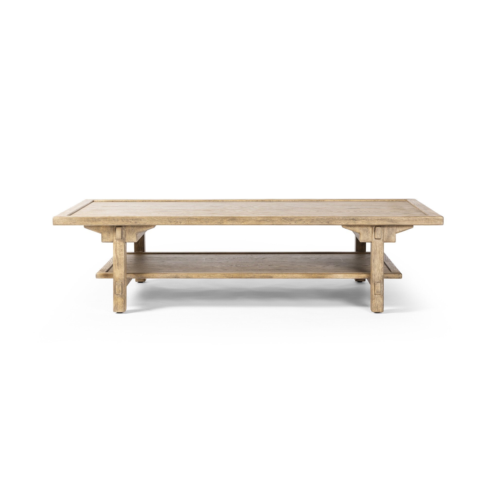 Featuring Trinity Distressed Light Oak Coffee Table by Four Hands at Amethyst Home. This Asian-inspired design made from light, distressed oak features mortise-and-tenon joinery, which connects protruding stretchers to sturdy legs. Lower shelving for bonus storage and display.Overall Dimensions: 65.00"w x 35.50"d x 16.00"hWeight : 127.87 lbsMaterials : Solid Oak, Poplar Eucalyptu. Amethyst Home provides interior design, new construction, custom furniture, and area rugs in the Des Moines metro area