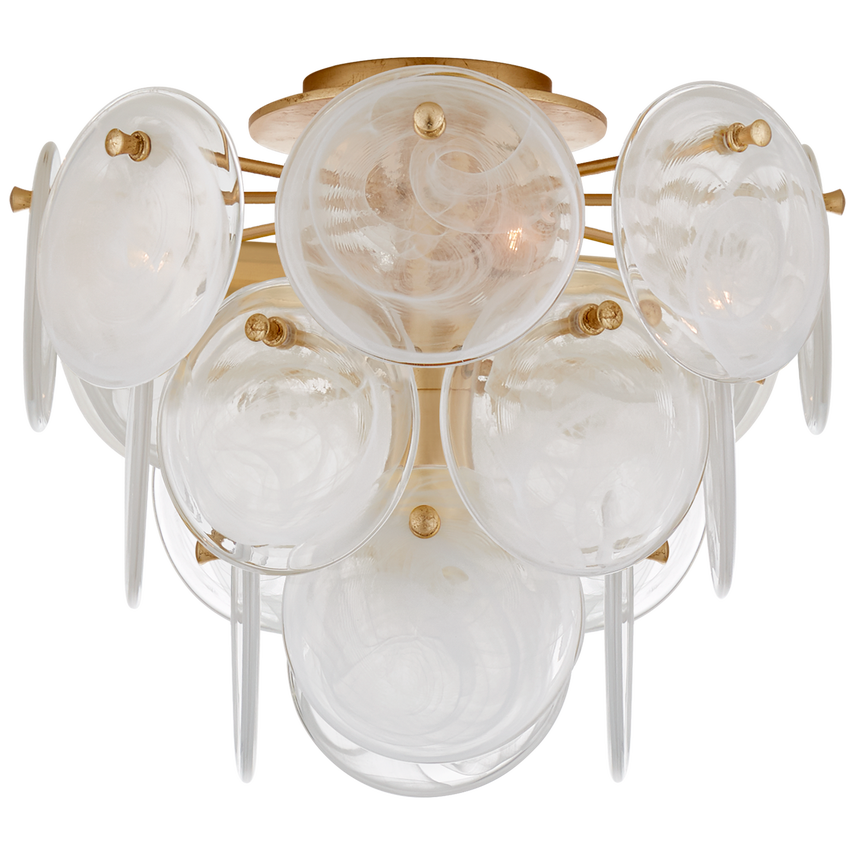 Featuring Loire Medium Tiered Flush Mount by Visual Comfort at Amethyst Home. The Loire by AERIN evokes mid-century Italian elegance while adding modern updates in design and finishes. The fluid and dynamic silhouettes cascade and inspire through the distinctive glow of light softly filtered through hand-blown white strié glass discs. Larger pieces ca.  Amethyst Home provides interior design, new home construction design consulting, vintage area rugs, and lighting in the Newport Beach metro area.