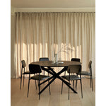 Featuring Mikado Black Oak Dining Table by Ethnicraft at Amethyst Home. The Mikado dining table's sculptural character is the result of a quest to find a balance between functionality and stability. The legs interlock like a well-thought-out puzzle, arranged under a solid round top. Designed by Alain van Havre.
Dimensions: 59.5"d x 59.5"w x 30"h
Brushed : Thi.  Amethyst Home provides interior design, new home construction design consulting, vintage area rugs, and lighting in the Dallas metro area.