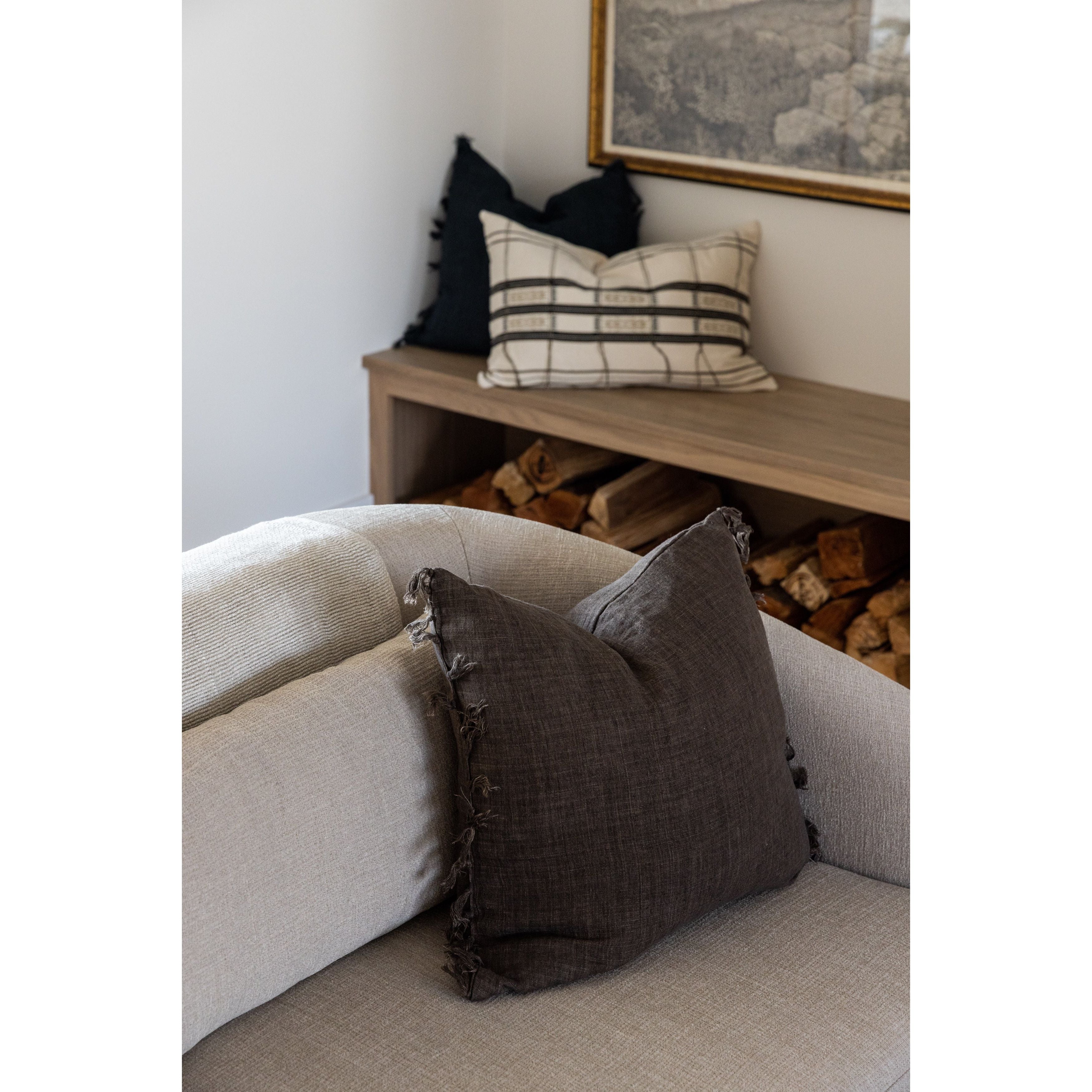 Featuring Jemina Pinecone Pillow by Jaipur Living at Amethyst Home. The Jemina Pinecone Pillow boasts an assortment of relaxed linen designs with rustic-style knotted tassels lining the sides. The comfortable Majere throw pillow delights with a cozy brown hue and subtle bohemian vibe that perfectly accents sofas, chairs, and beds alike. This casual yet sophist.  Amethyst Home provides interior design, new home construction design consulting, vintage area rugs, and lighting in the Miami metro area.