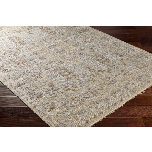 Featuring Nobility Tan / Grey Hand-Knotted Rug by Surya at Amethyst Home. Add an elegant touch to any space with this hand-knotted Nobility Tan / Grey Rug. Its blend of wool and viscose is ultra soft and smooth, while its timeless ornate motif with modern lines create an exquisite, timeless piece. Enjoy its high-low characteristics and luxurious feel to add a touch of sophistication t. Amethyst Home provides interior design, new construction, custom furniture, and area rugs in the Omaha metro area