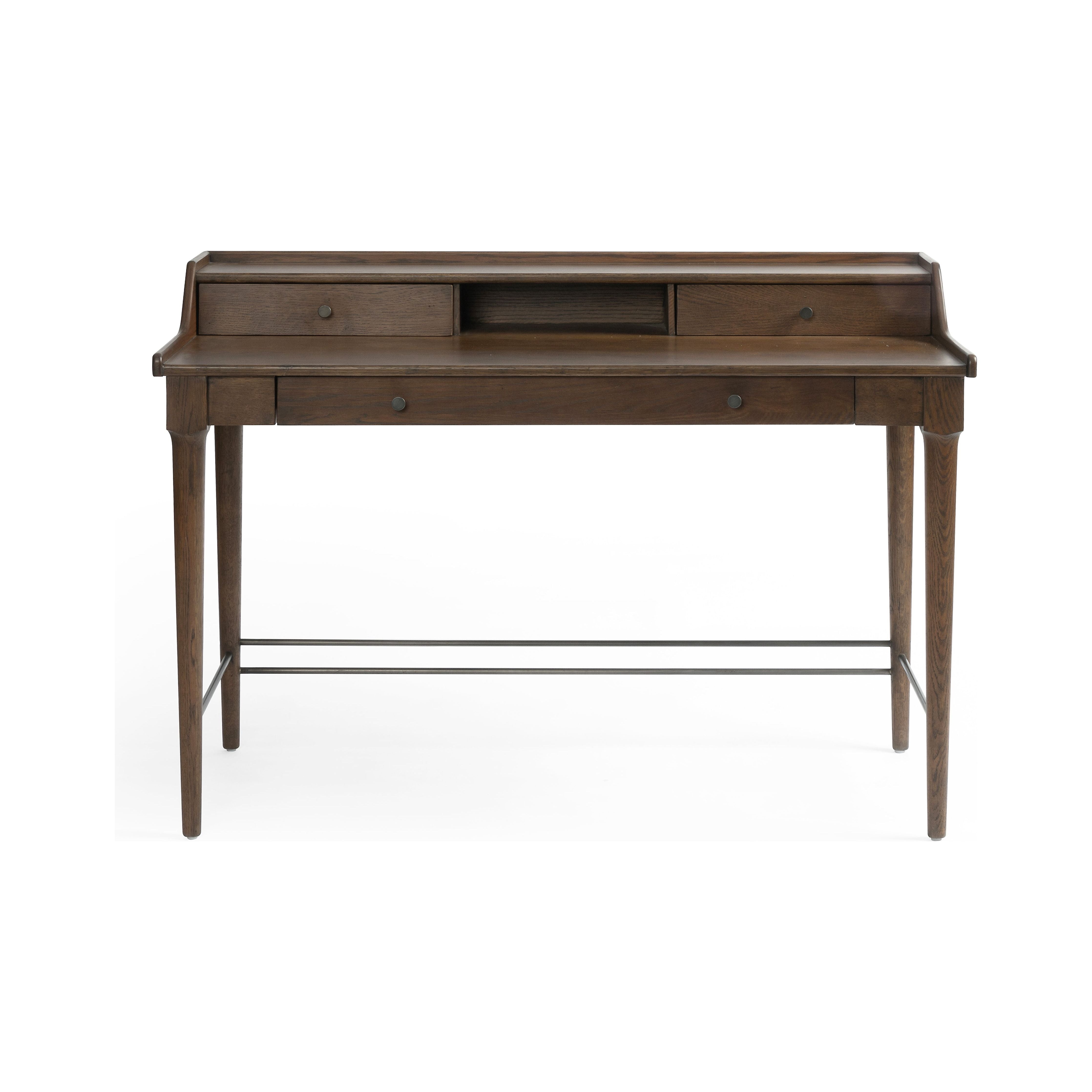 Featuring Moreau Writing Desk by Four Hands at Amethyst Home. Dark-toasted oak's rich brown finish speaks to mid-century inspiration, while plenty of storage meets the needs of a modern office with this Moreau Dark Toasted Oak Writing Desk. 
Overall Dimensions: 48"W x 23.5"L x 34.75"H
Colors: Dark Toasted Oak, Aged BlackMaterials: Solid Oak, IronWeight: 79..  Amethyst Home provides interior design, new home construction design consulting, vintage area rugs, and lighting in the Monterey metro area.