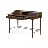 Featuring Moreau Writing Desk by Four Hands at Amethyst Home. Dark-toasted oak's rich brown finish speaks to mid-century inspiration, while plenty of storage meets the needs of a modern office with this Moreau Dark Toasted Oak Writing Desk. 
Overall Dimensions: 48"W x 23.5"L x 34.75"H
Colors: Dark Toasted Oak, Aged BlackMaterials: Solid Oak, IronWeight: 7.  Amethyst Home provides interior design, new home construction design consulting, vintage area rugs, and lighting in the Scottsdale metro area.