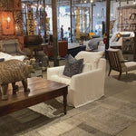 This cozy Donato Sofa from Cisco Brothers is our favorite! As shown slipcovered in Mariet White 100% linen fabric. Amethyst Home provides interior design, new home construction design consulting, vintage area rugs, and lighting in the Park City metro area.