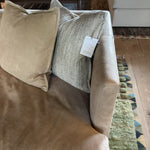 Verellen's Marilyn Sofa Family is bench-crafted in their North Carolina atelier, and features:  foam down seat construction loose boxed style seat cushion diamond tufted inside back with fabric covered ball buttons optional without tufting large and small knife edge toss pillows double needle stitch detail 4″ H conical leg