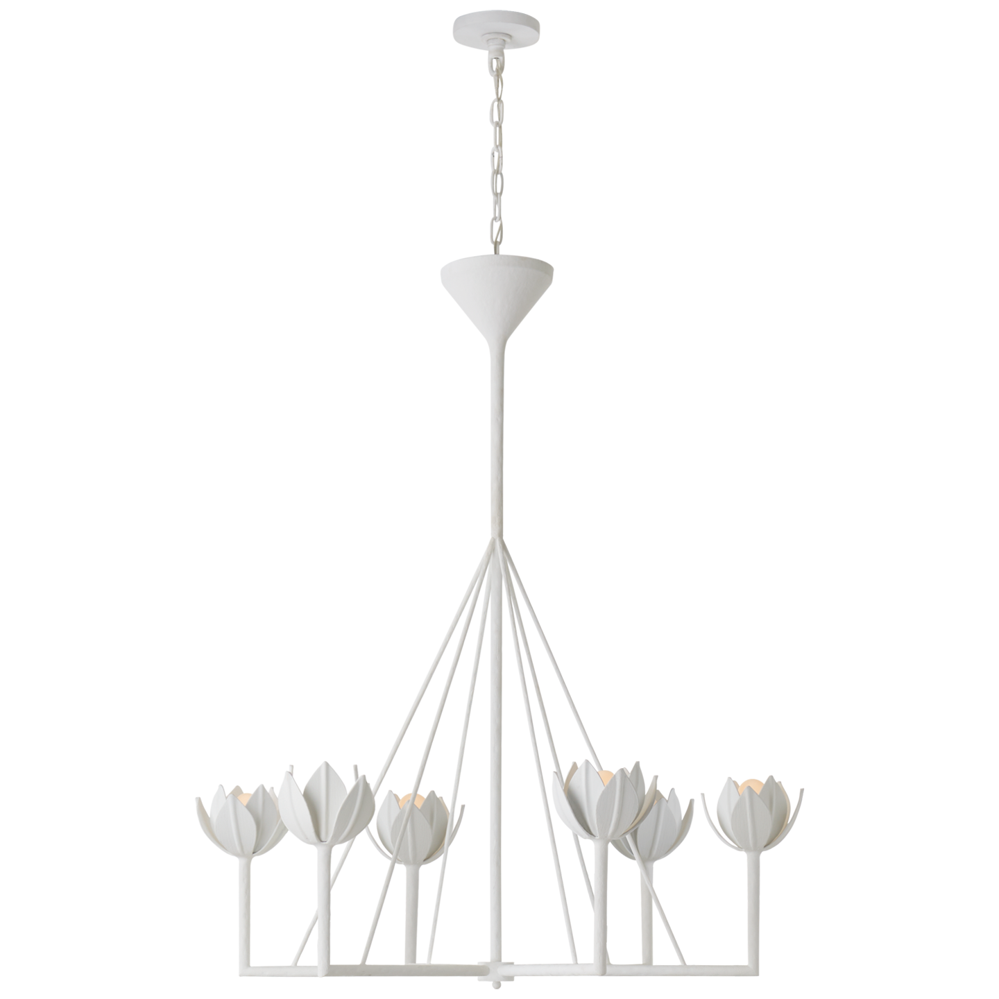 Featuring Alberto Large Single Tier Chandelier by Visual Comfort at Amethyst Home. The Alberto Large Single Tier Chandelier by Visual Comfort has gorgeous, thin arms with a stunning flower placed atop each head. This gives a unique, bright look to any dining room, living room, or other large area.
Overall Dimensions: 40" L x 40" W x 46.75" H.  Amethyst Home provides interior design, new home construction design consulting, vintage area rugs, and lighting in the Laguna Beach metro area.