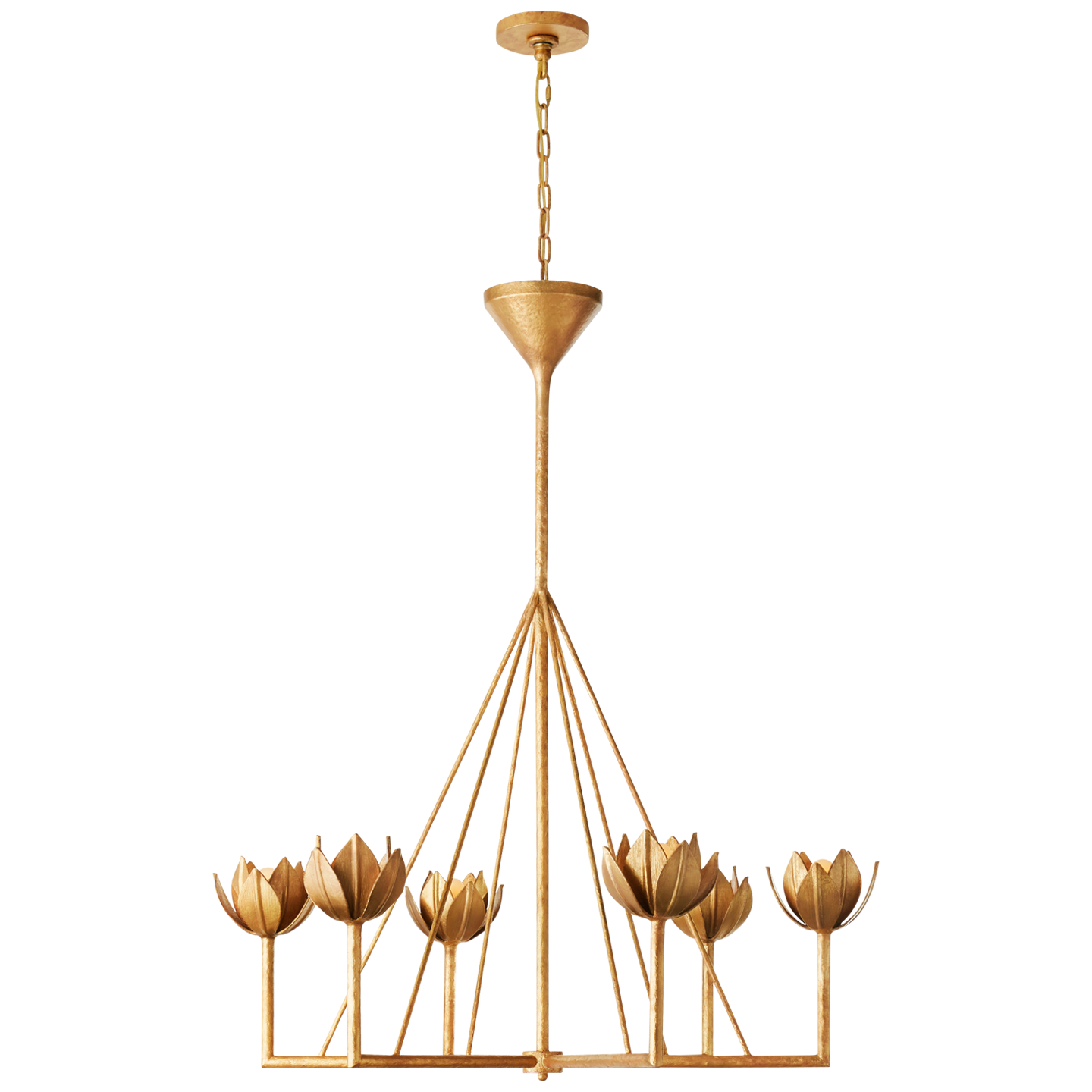 Featuring Alberto Large Single Tier Chandelier by Visual Comfort at Amethyst Home. The Alberto Large Single Tier Chandelier by Visual Comfort has gorgeous, thin arms with a stunning flower placed atop each head. This gives a unique, bright look to any dining room, living room, or other large area.
Overall Dimensions: 40" L x 40" W x 46.75" H.  Amethyst Home provides interior design, new home construction design consulting, vintage area rugs, and lighting in the Calabasas metro area.