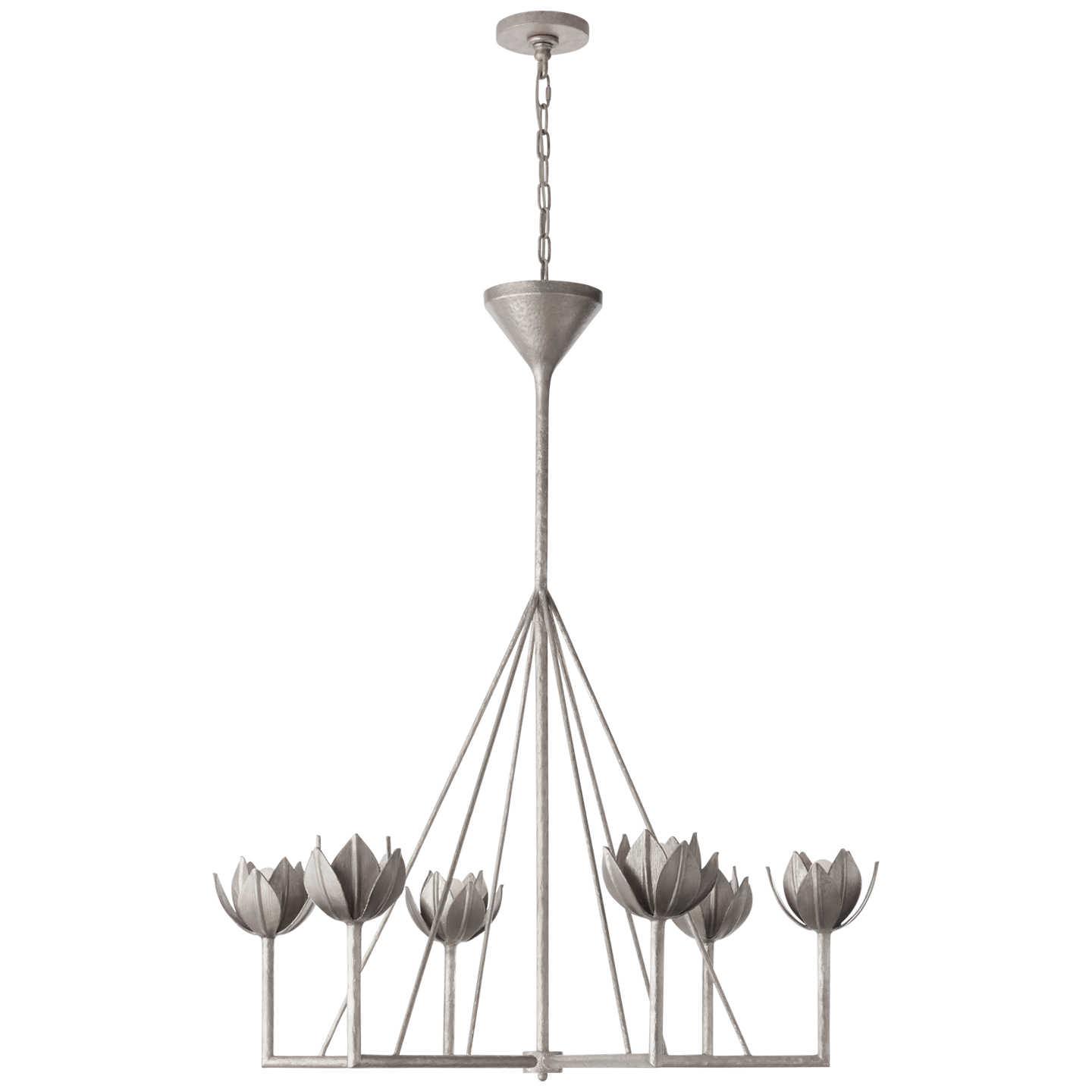 Featuring Alberto Large Single Tier Chandelier by Visual Comfort at Amethyst Home. The Alberto Large Single Tier Chandelier by Visual Comfort has gorgeous, thin arms with a stunning flower placed atop each head. This gives a unique, bright look to any dining room, living room, or other large area.
Overall Dimensions: 40" L x 40" W x 46.75" H.  Amethyst Home provides interior design, new home construction design consulting, vintage area rugs, and lighting in the Nashville metro area.