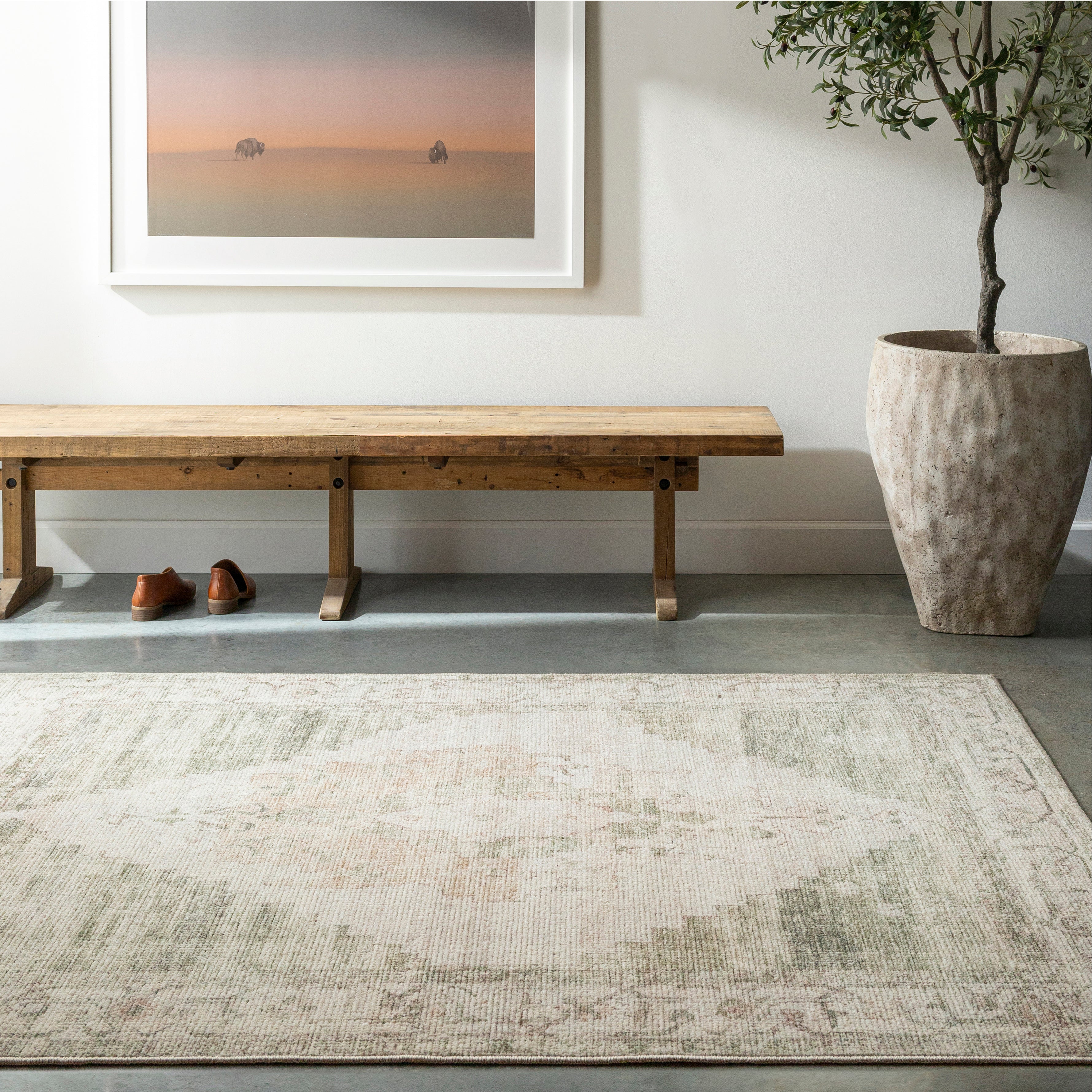 Featuring Becki Owens x Surya Luca Olive Medallion Rug by Surya at Amethyst Home. The Luca Olive Medallion Rug from Becki Owens x Surya is a vintage inspired collection full of rich design and subtle versatile colors that will bring a curated and collected feel to any room. This collection encompasses a unique distressed style that blends both cool and subtle warm earth tones togeth. Amethyst Home provides interior design, new construction, custom furniture, and area rugs in the Boston metro area.