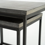 Featuring Harlow Nesting Tables - Set of 2 by Four Hands at Amethyst Home. Spare beauty, casual elegance. A gunmetal-finished Parsons base with hand-rubbed, dimensional edges supports two rough-hewn bluestone slabs that feel found and perfectly placed.
Dimensions: Large 20"W x 16"L x 19"H  ; Small 17"W x 13.5"L x 16"HColors: Gunmetal, BluestoneMaterials: I.  Amethyst Home provides interior design, new home construction design consulting, vintage area rugs, and lighting in the Portland metro area.